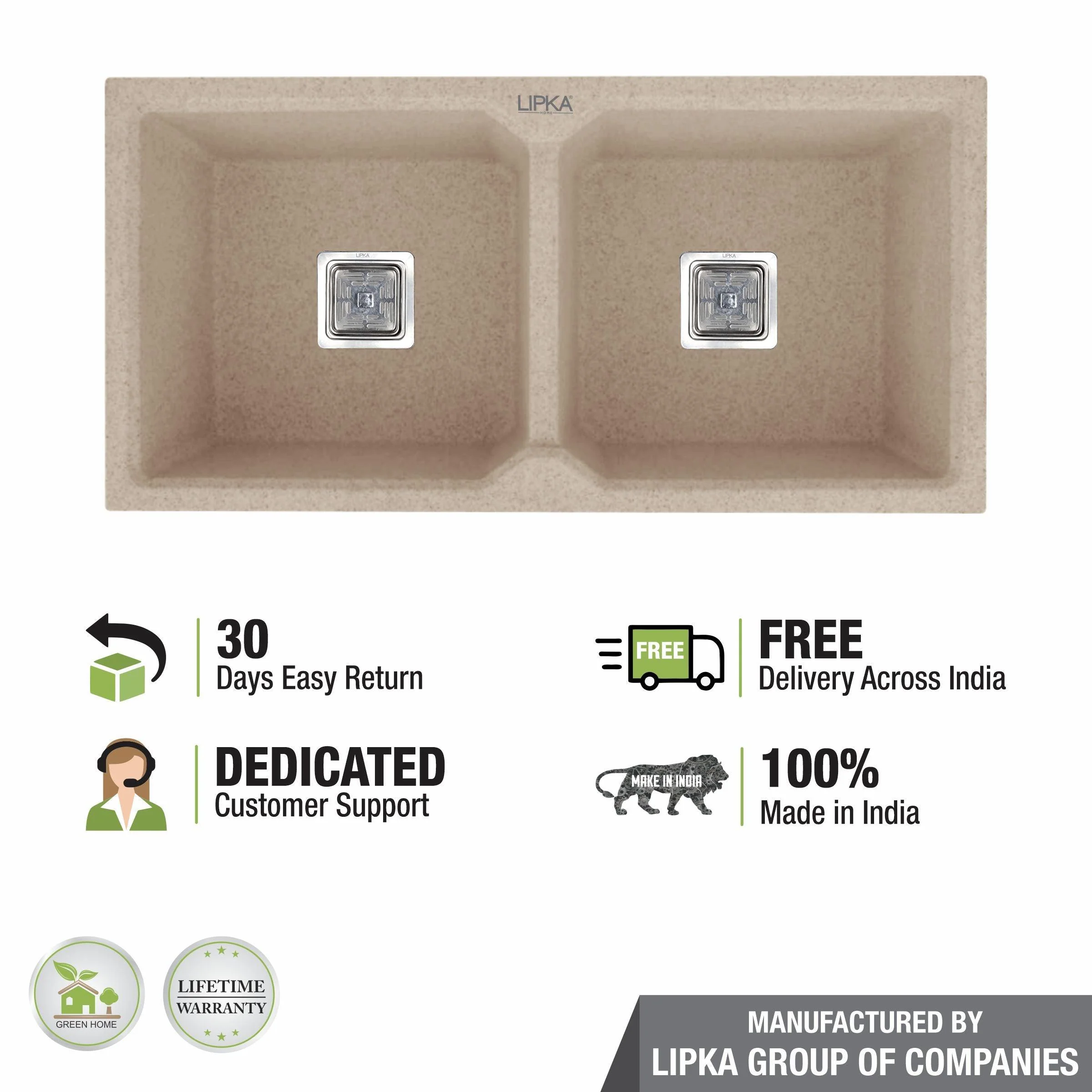 Sand Choco Quartz Double Bowl Kitchen Sink (37 x 18 x 9 Inches) - LIPKA - Image 5