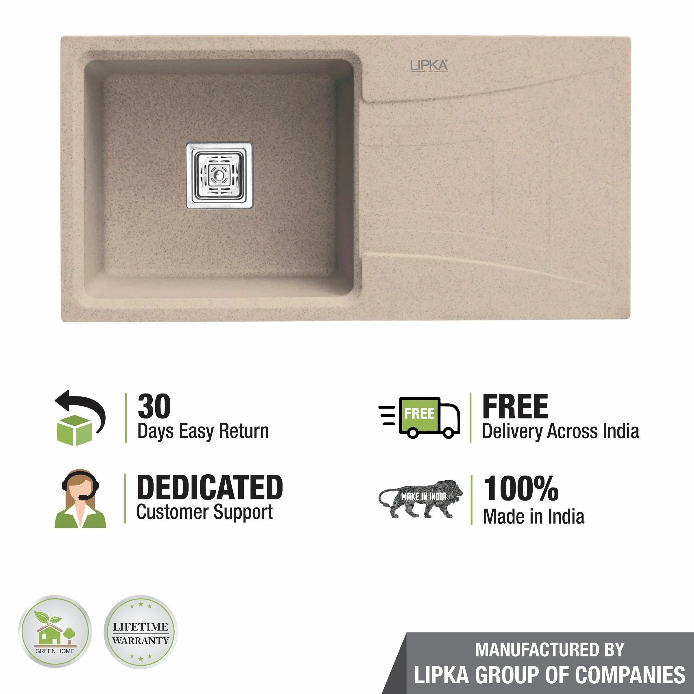 Sand Choco Quartz Single Bowl with Drainboard Kitchen Sink (36 x 18 x 9 Inches) - LIPKA - Image 5