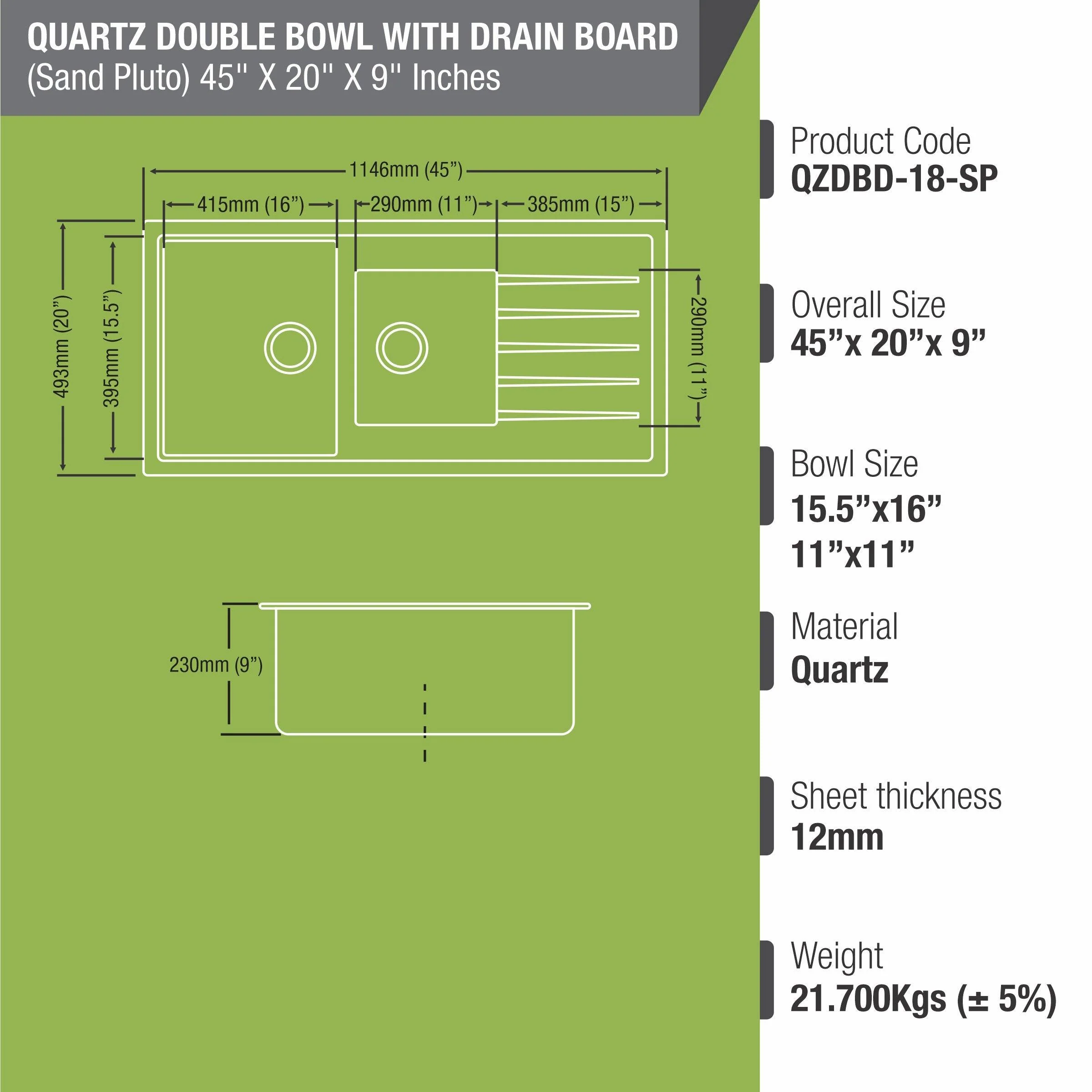Sand Pluto Quartz Double Bowl with Drainboard Kitchen Sink (45 x 20 x 9 Inches) - LIPKA - Image 3
