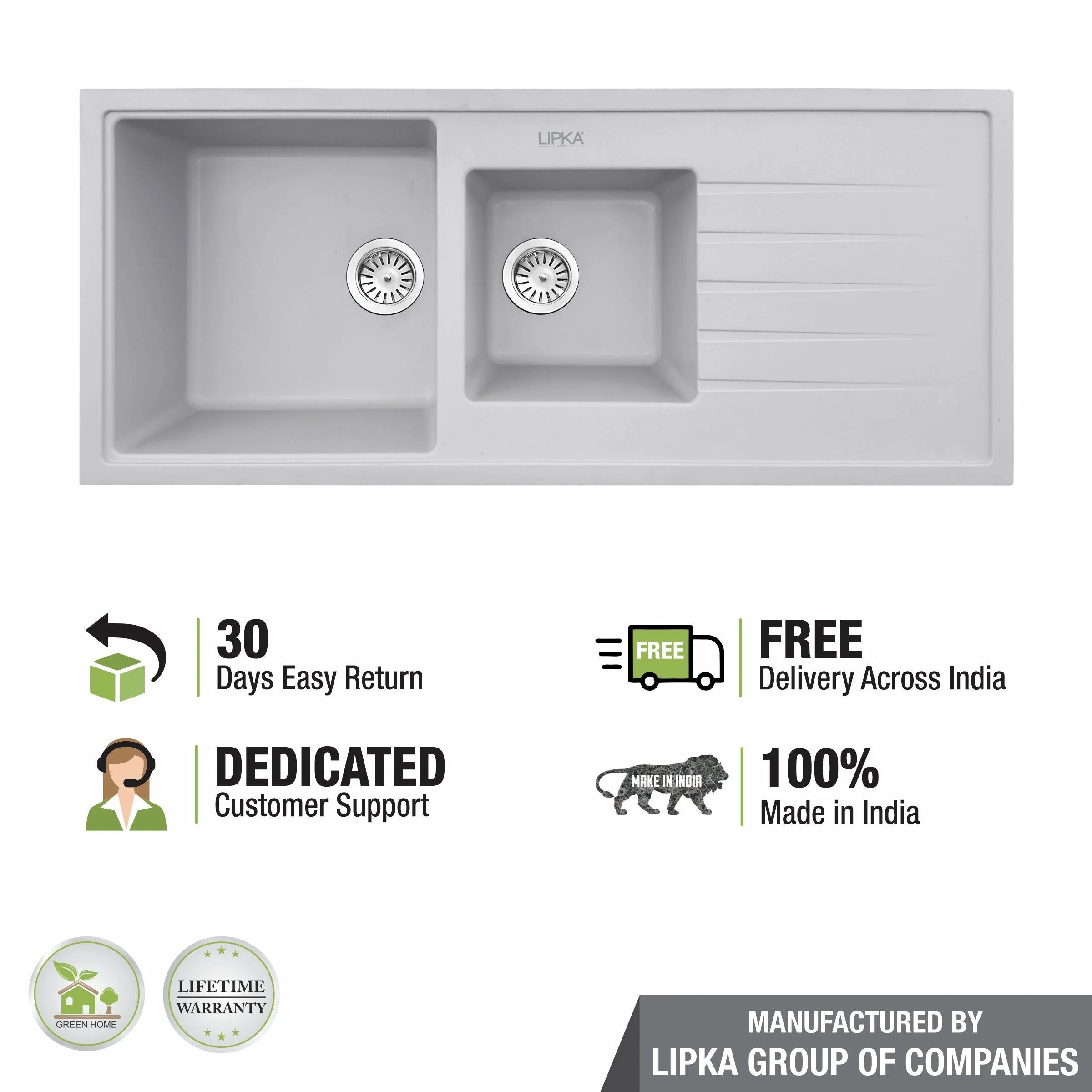 Sand Pluto Quartz Double Bowl with Drainboard Kitchen Sink (45 x 20 x 9 Inches) - LIPKA - Image 5
