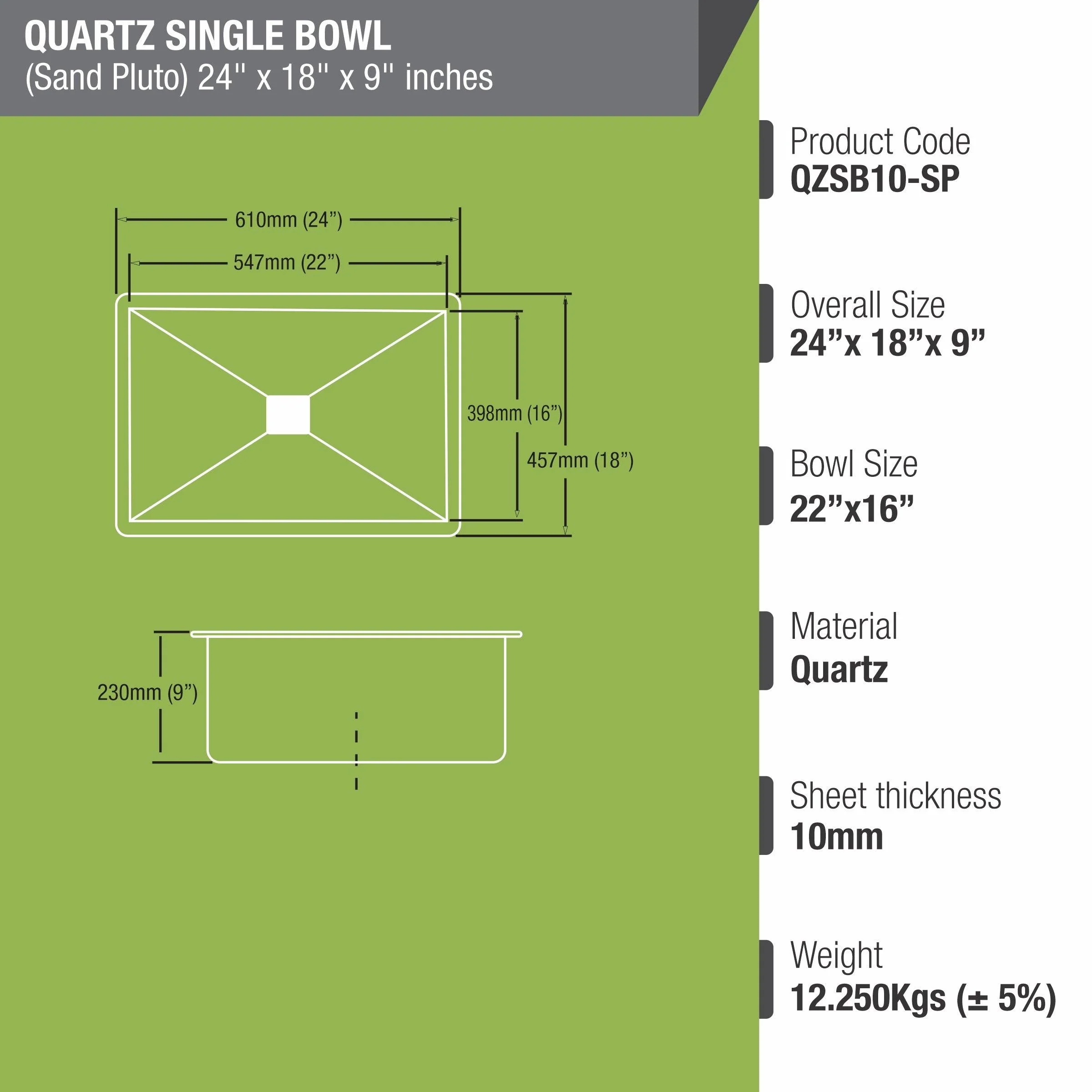 Sand Pluto Quartz Single Bowl Kitchen Sink (24 x 18 x 9 Inches) - LIPKA - Image 3