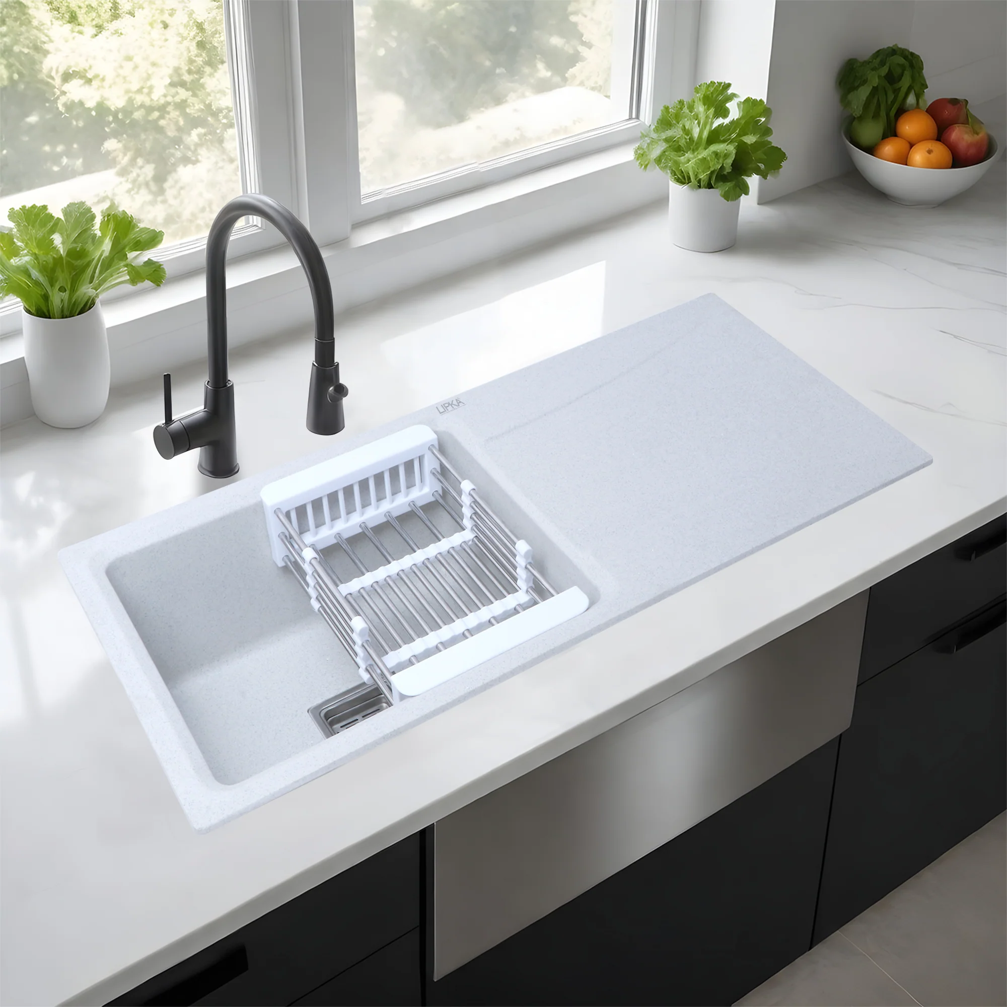 Sand Pluto Quartz Single Bowl with Drainboard Kitchen Sink (36 x 18 x 9 Inches) - LIPKA