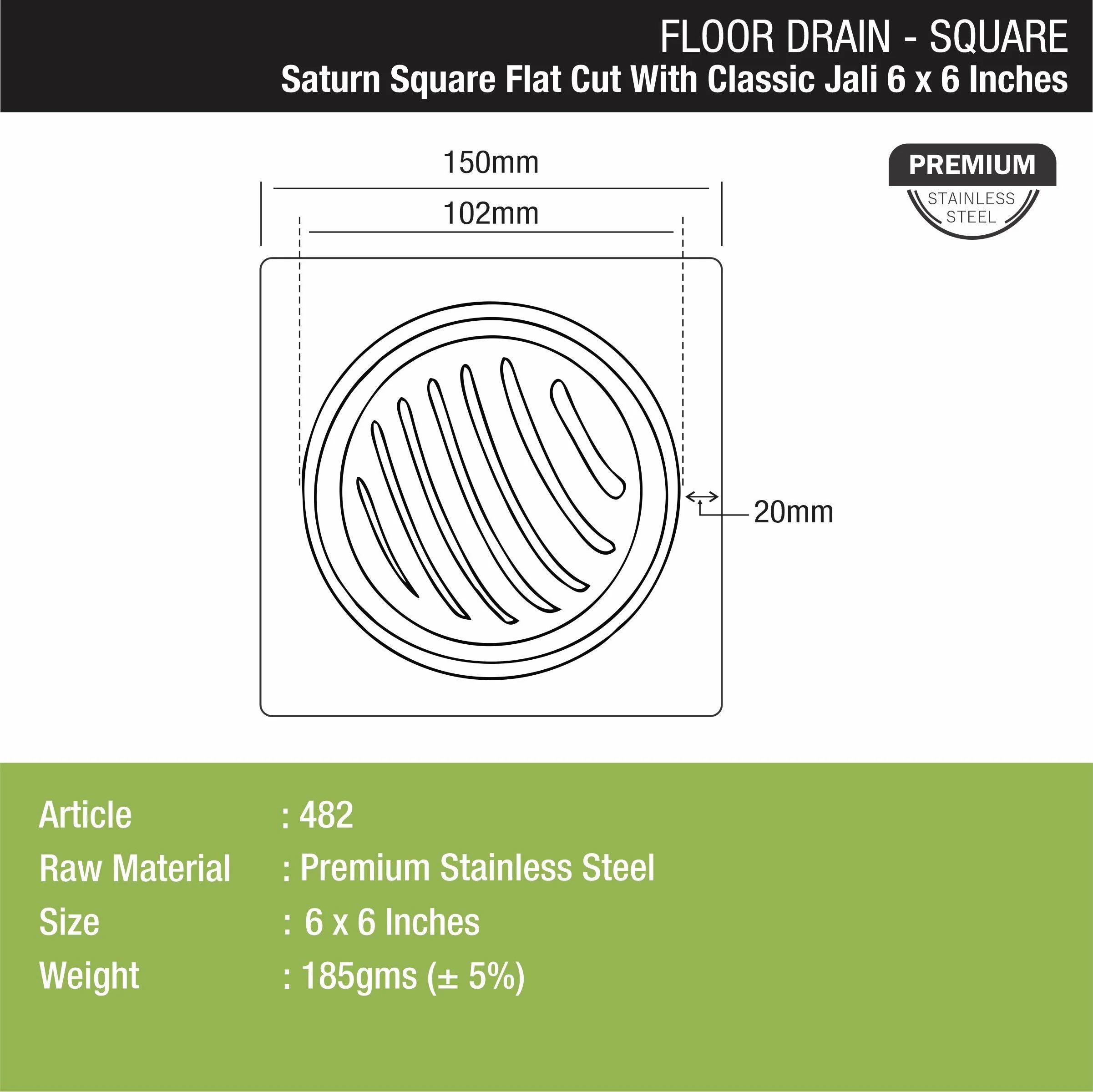 Saturn Square Flat Cut Floor Drain with Classic Jali (6 x 6 Inches) - LIPKA - Image 2