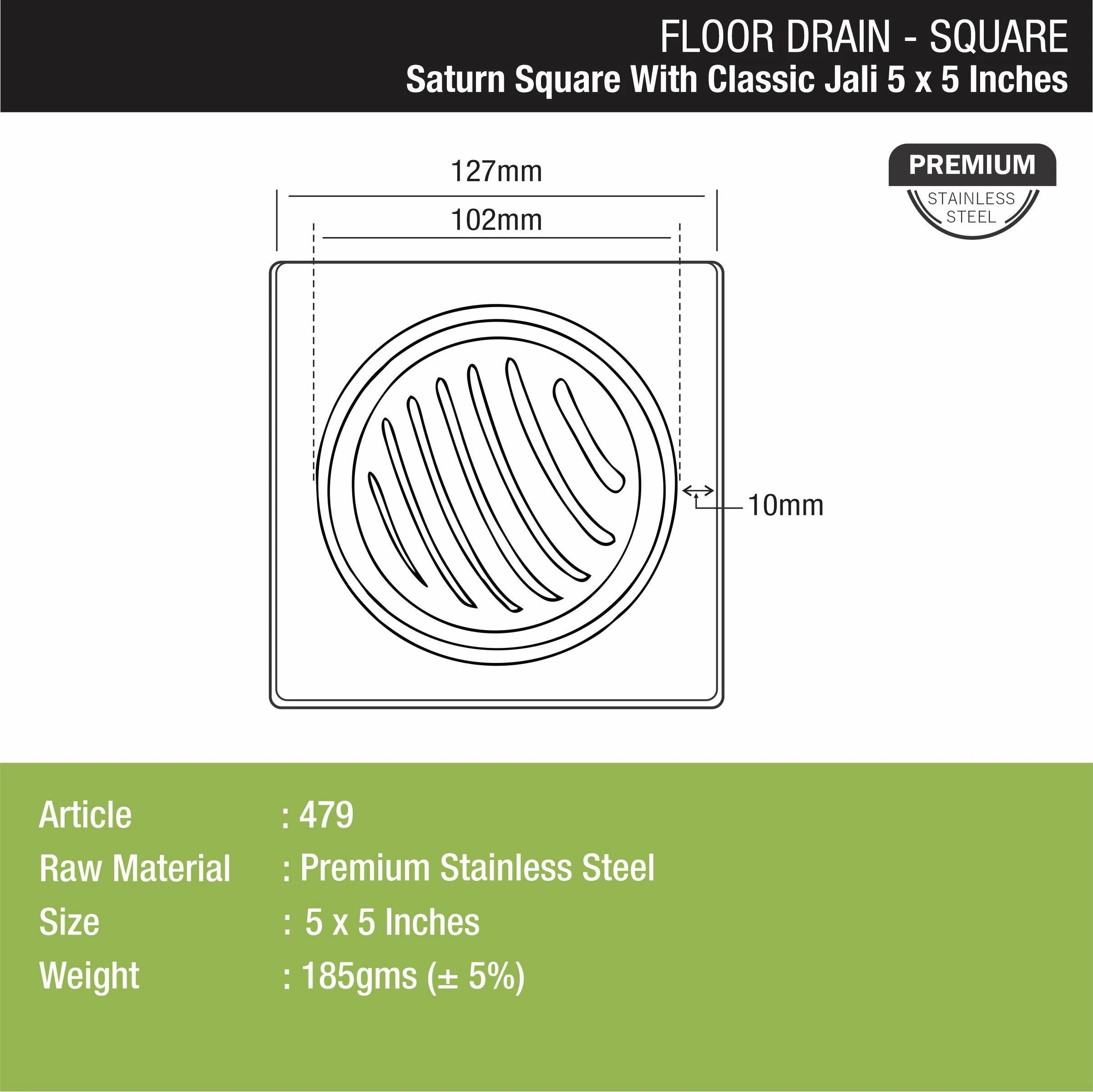 Saturn Square Floor Drain with Classic Jali (5 x 5 Inches) - LIPKA - Image 2