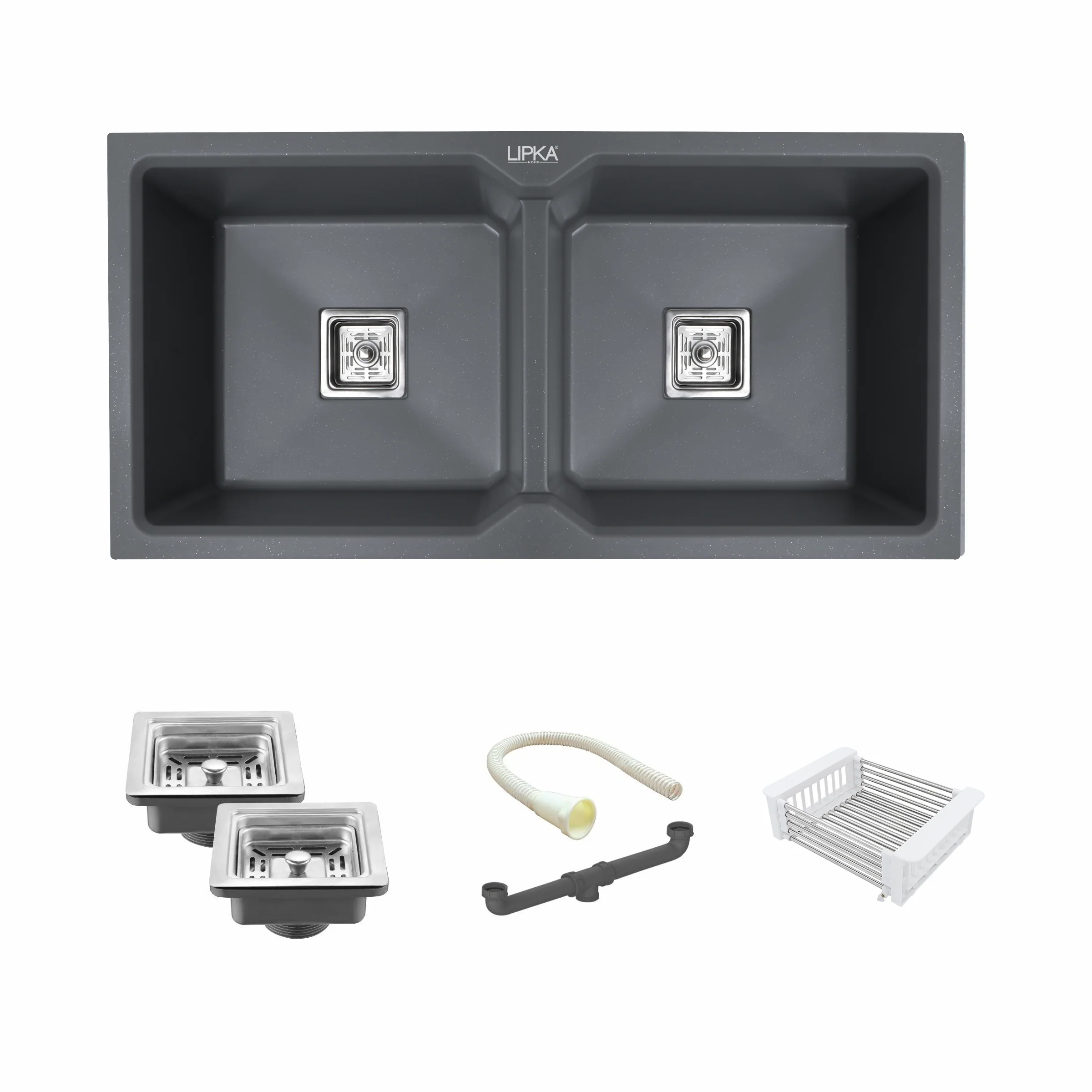 Smokey Grey Quartz Double Bowl Kitchen Sink (45 x 20 x 9 Inches) - LIPKA - Image 2