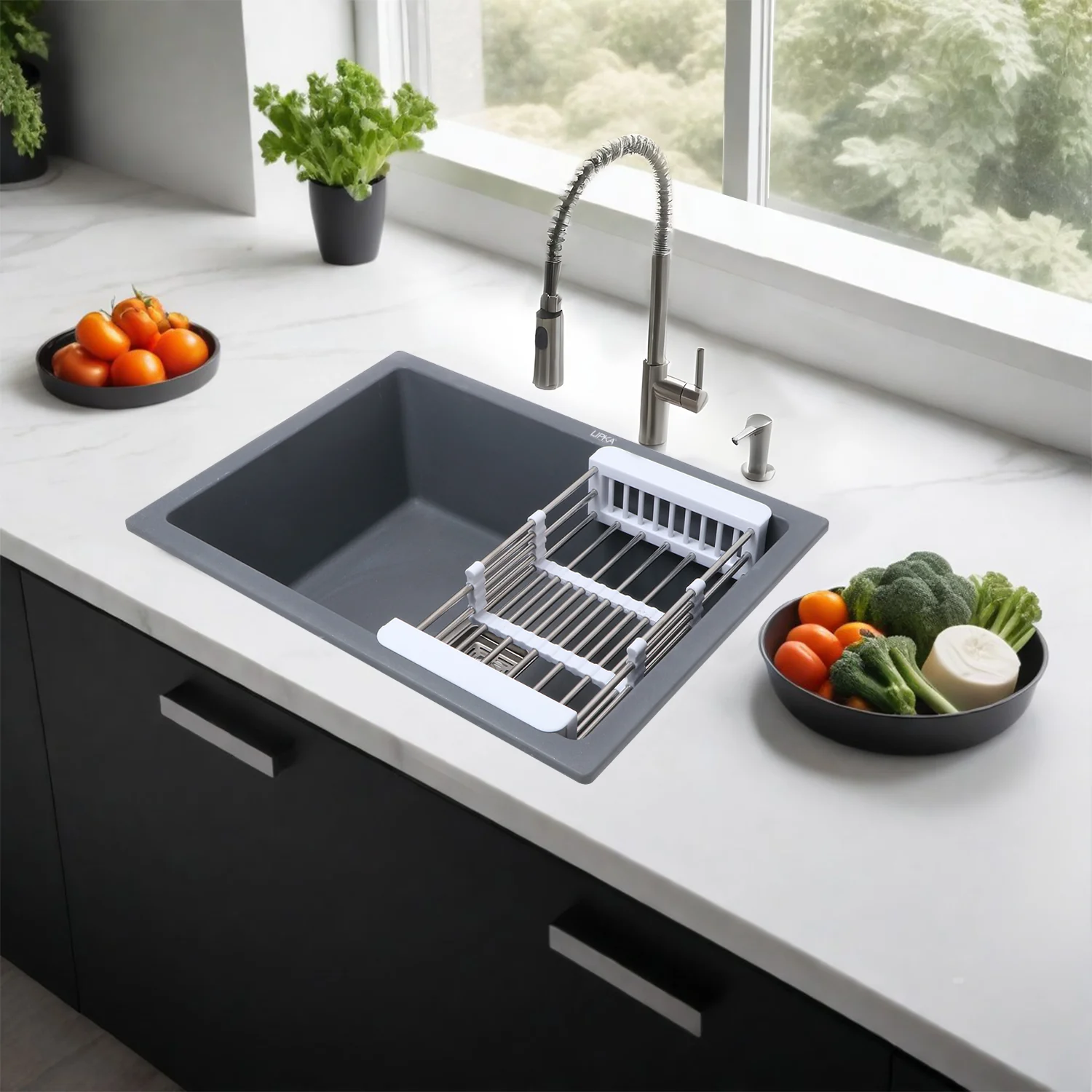 Smokey Grey Quartz Single Bowl Kitchen Sink (21 x 18 x 9 Inches) - LIPKA