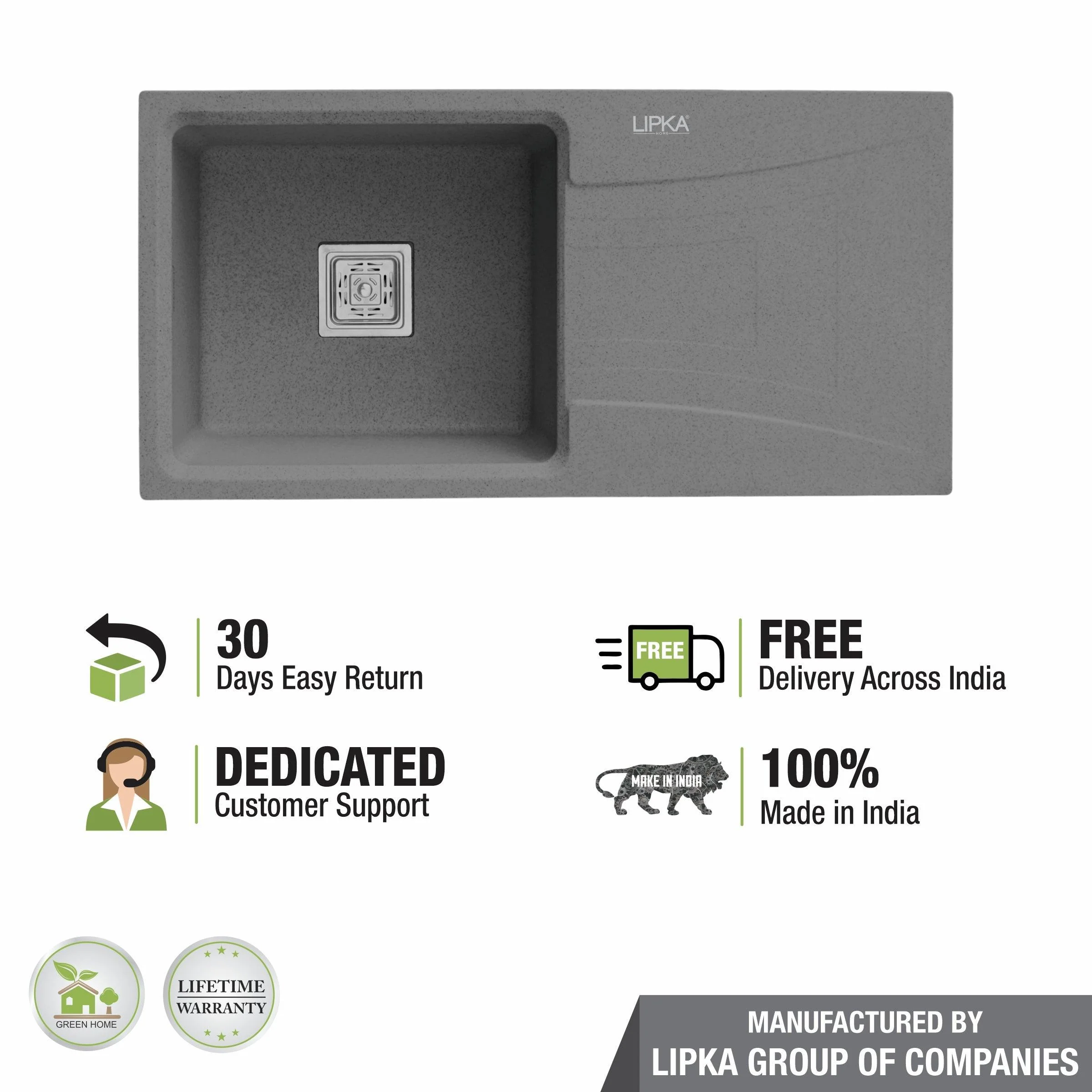 Smokey Grey Quartz Single Bowl with Drainboard Kitchen Sink (39 x 20 x 9 Inches) - LIPKA - Image 5