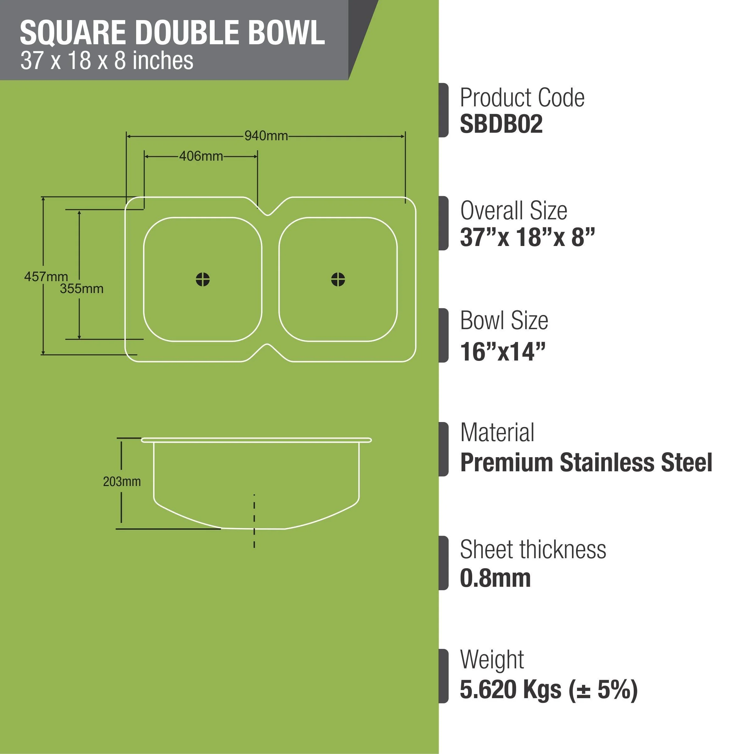 Square Double Bowl Kitchen Sink (37 x 18 x 8 Inches) - LIPKA - Image 2