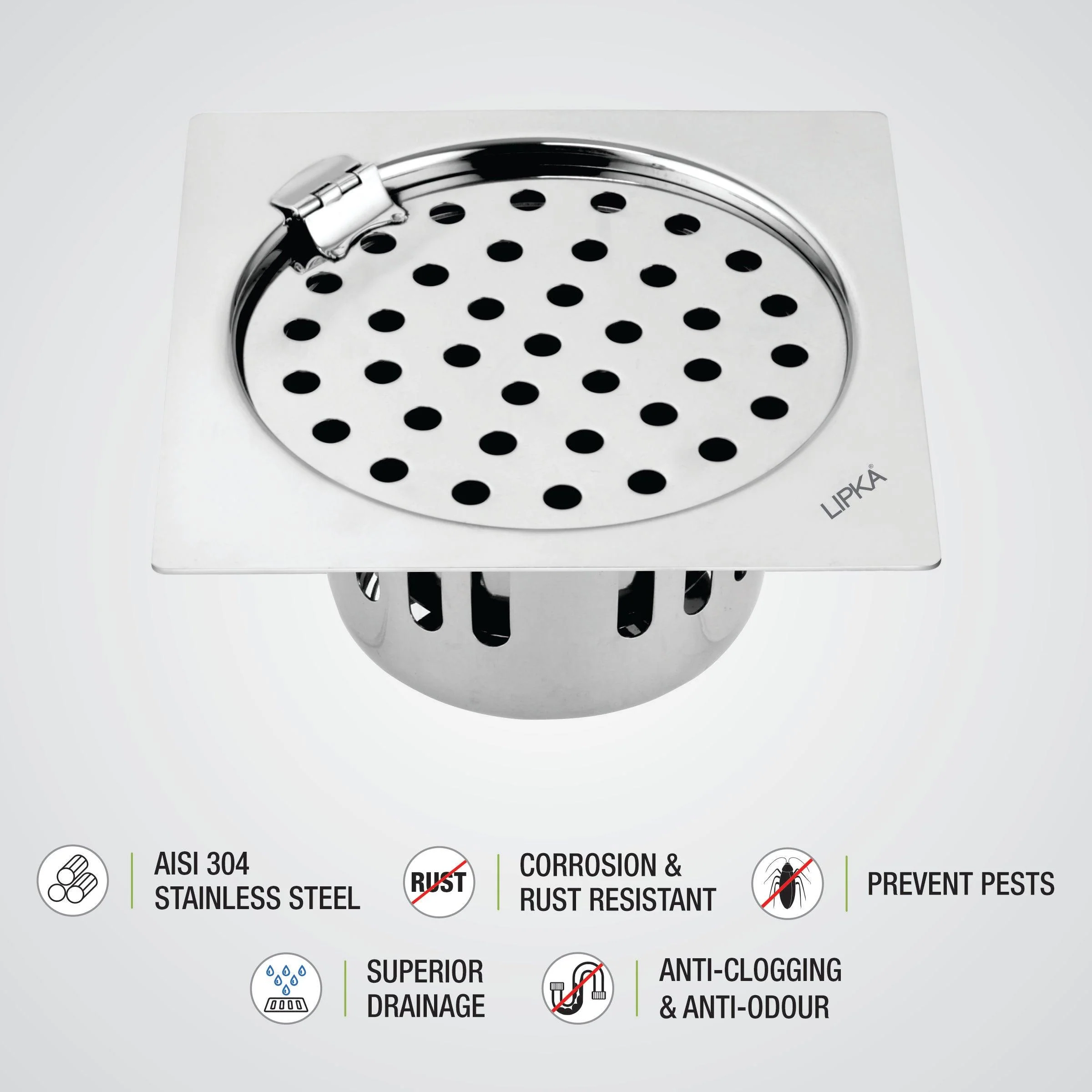 Square Flat Cut Floor Drain (5.5 x 5.5 Inches) with Hinge and Cockroach Trap - LIPKA - Image 3
