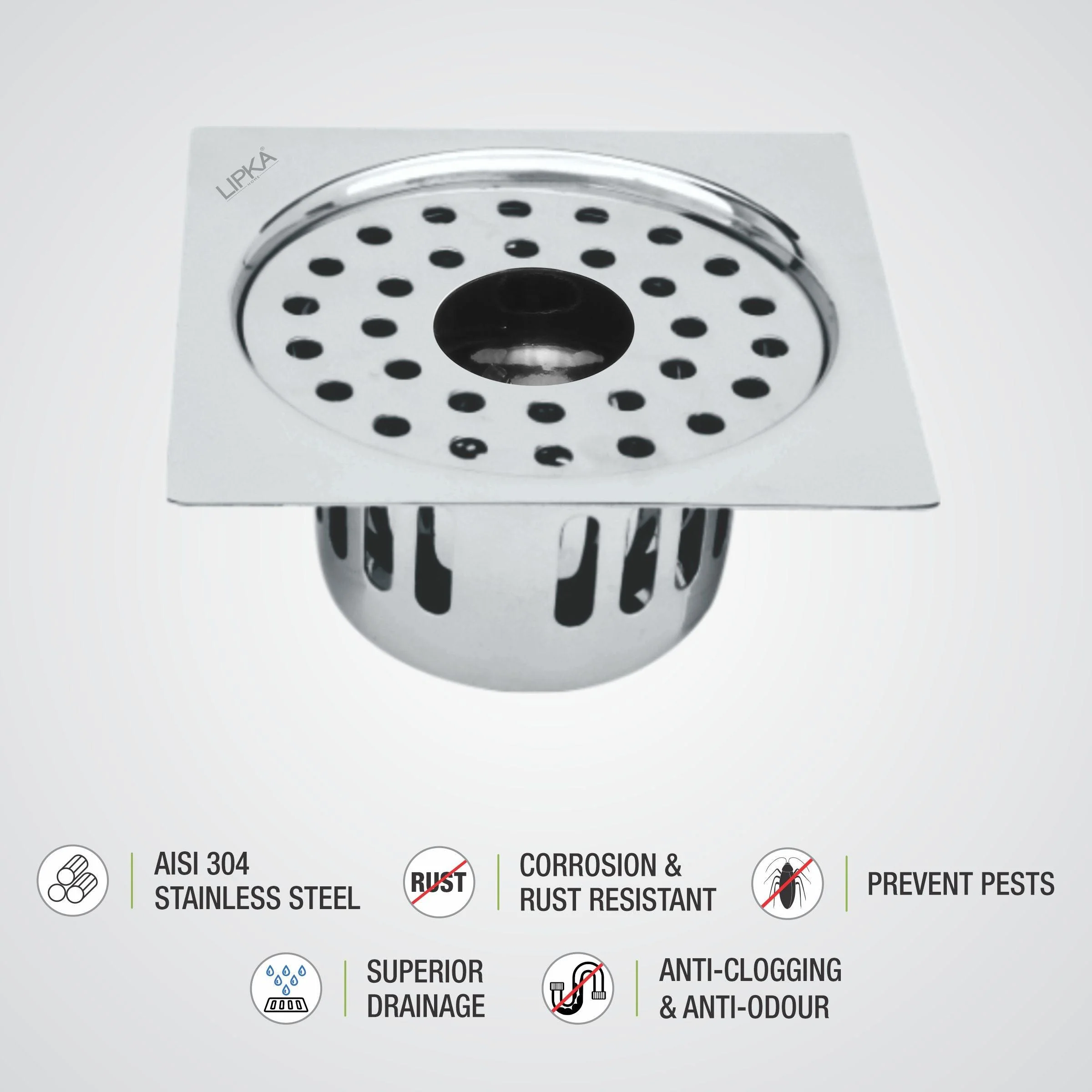 Square Flat Cut Floor Drain (5.5 x 5.5 Inches) with Hole and Cockroach Trap - LIPKA - Image 3