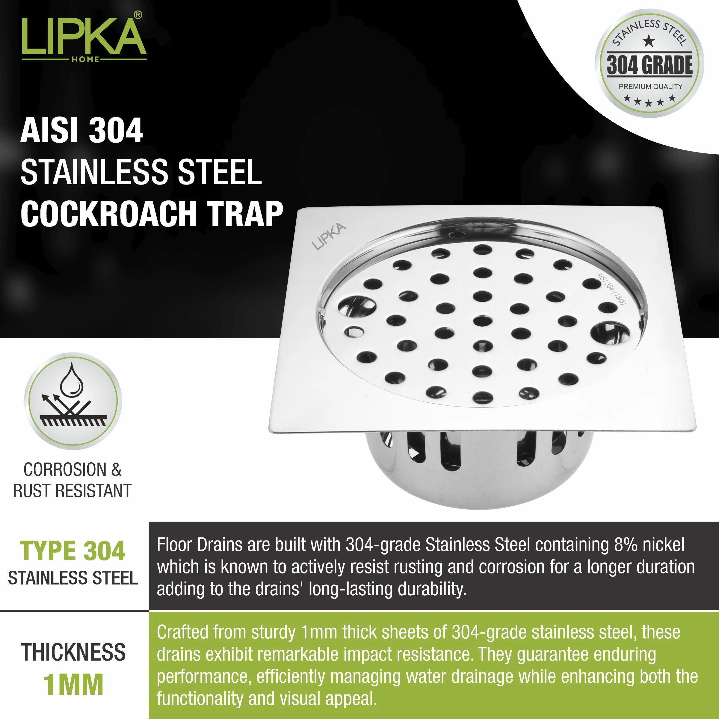 Square Flat Cut Floor Drain (5.5 x 5.5 Inches) with Lock and Cockroach Trap - LIPKA - Image 4