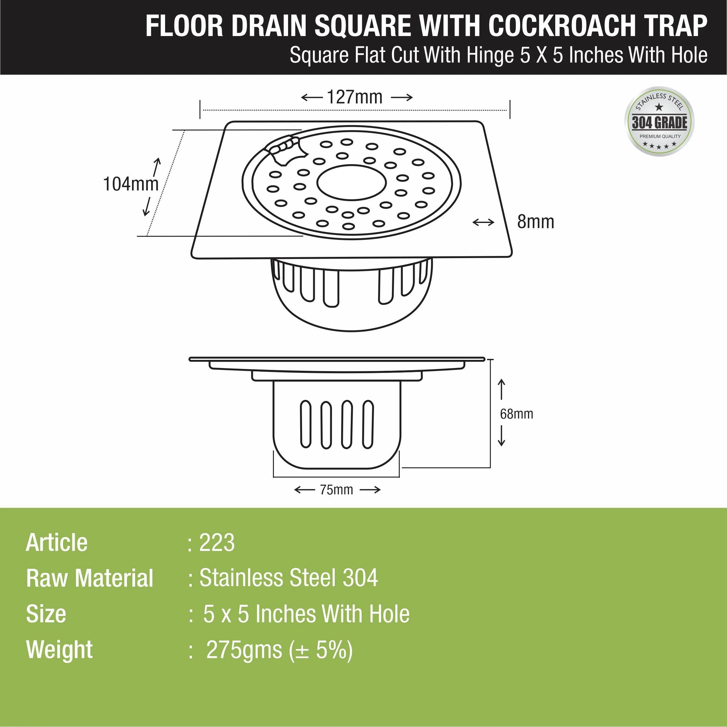 Square Flat Cut Floor Drain (5 x 5 Inches) with Hinge, Hole and Cockroach Trap - LIPKA - Image 2