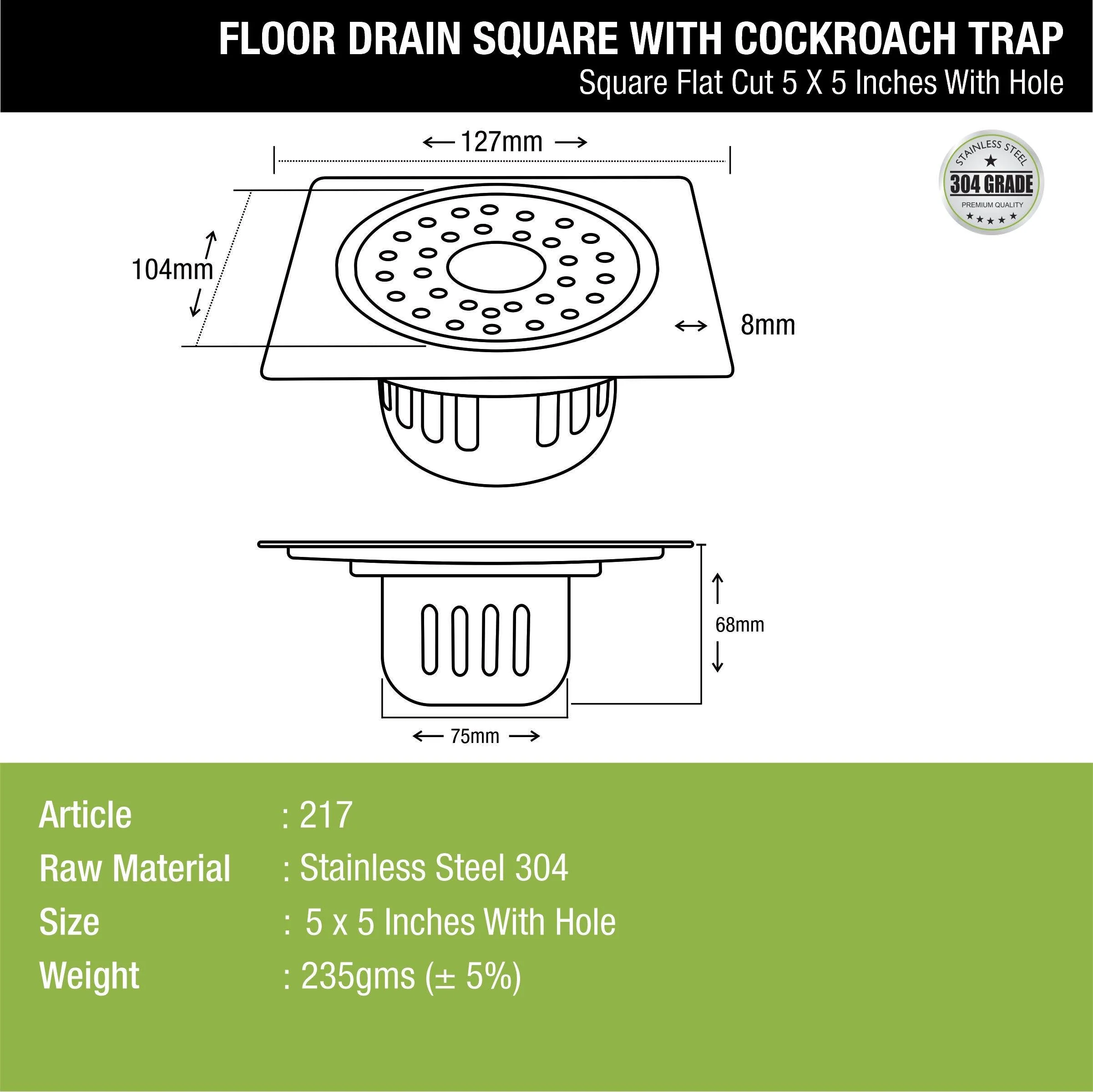 Square Flat Cut Floor Drain (5 x 5 Inches) with Hole and Cockroach Trap - LIPKA - Image 2