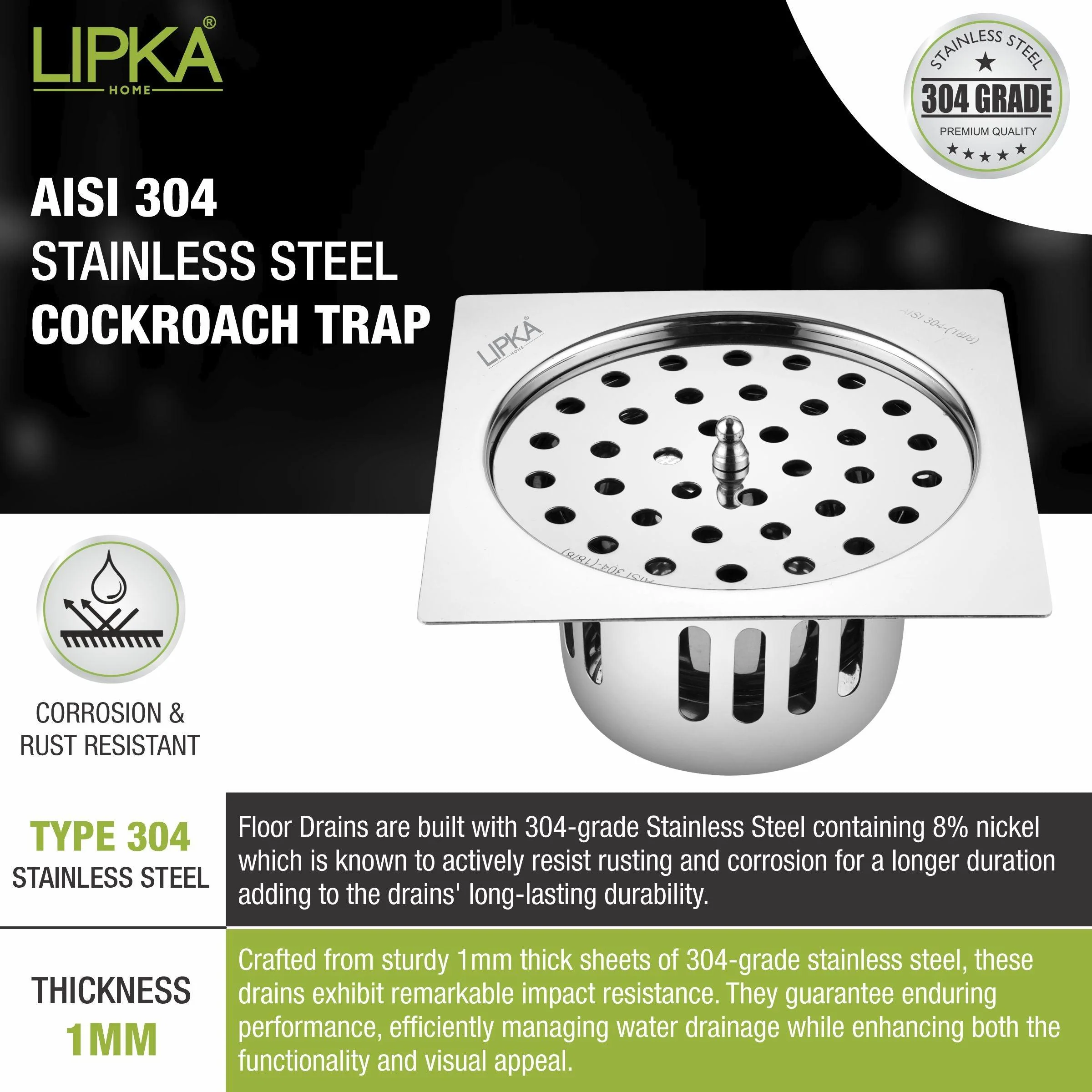 Square Flat Cut Floor Drain (5 x 5 Inches) with Lid and Cockroach Trap - LIPKA - Image 4