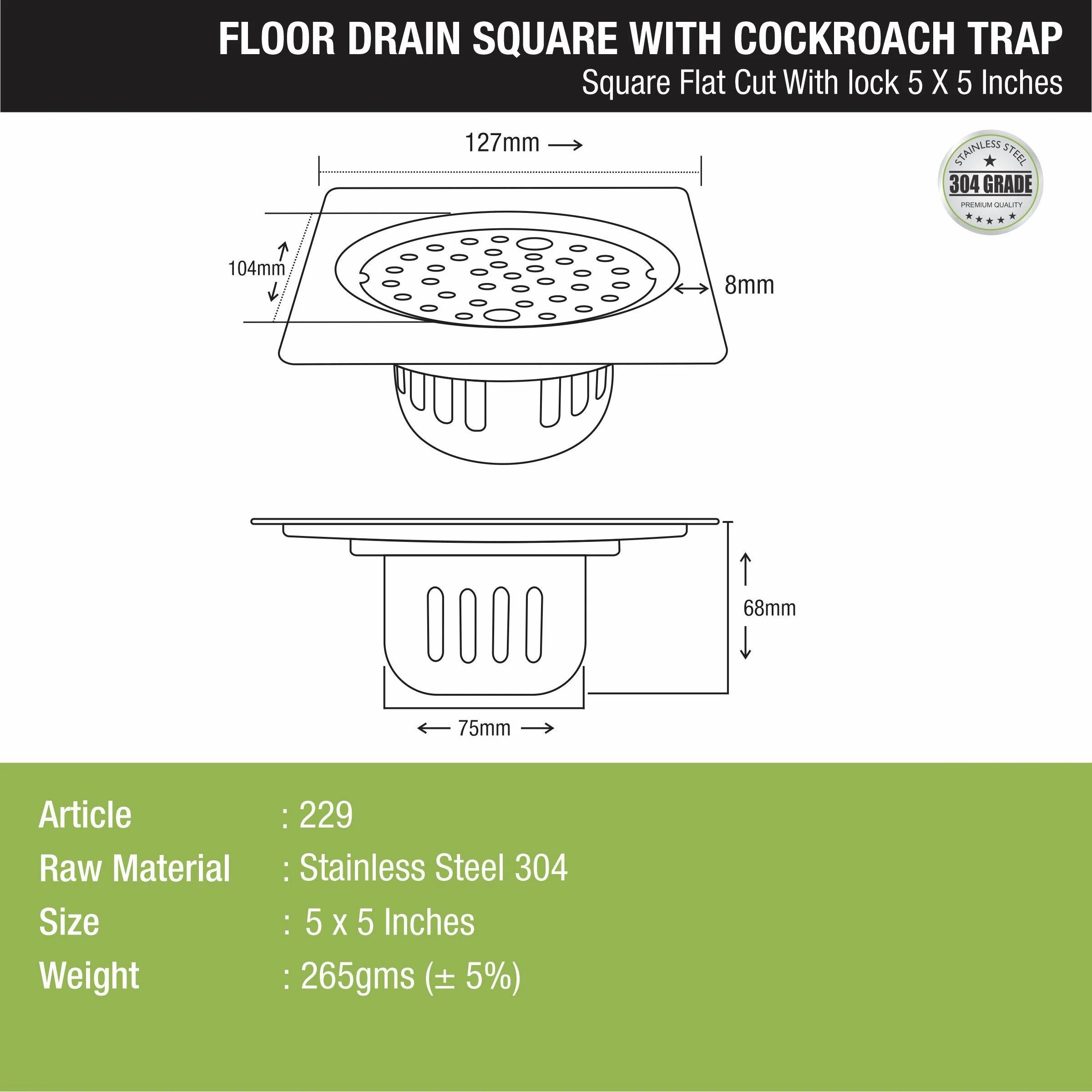 Square Flat Cut Floor Drain (5 x 5 Inches) with Lock and Cockroach Trap - LIPKA - Image 2