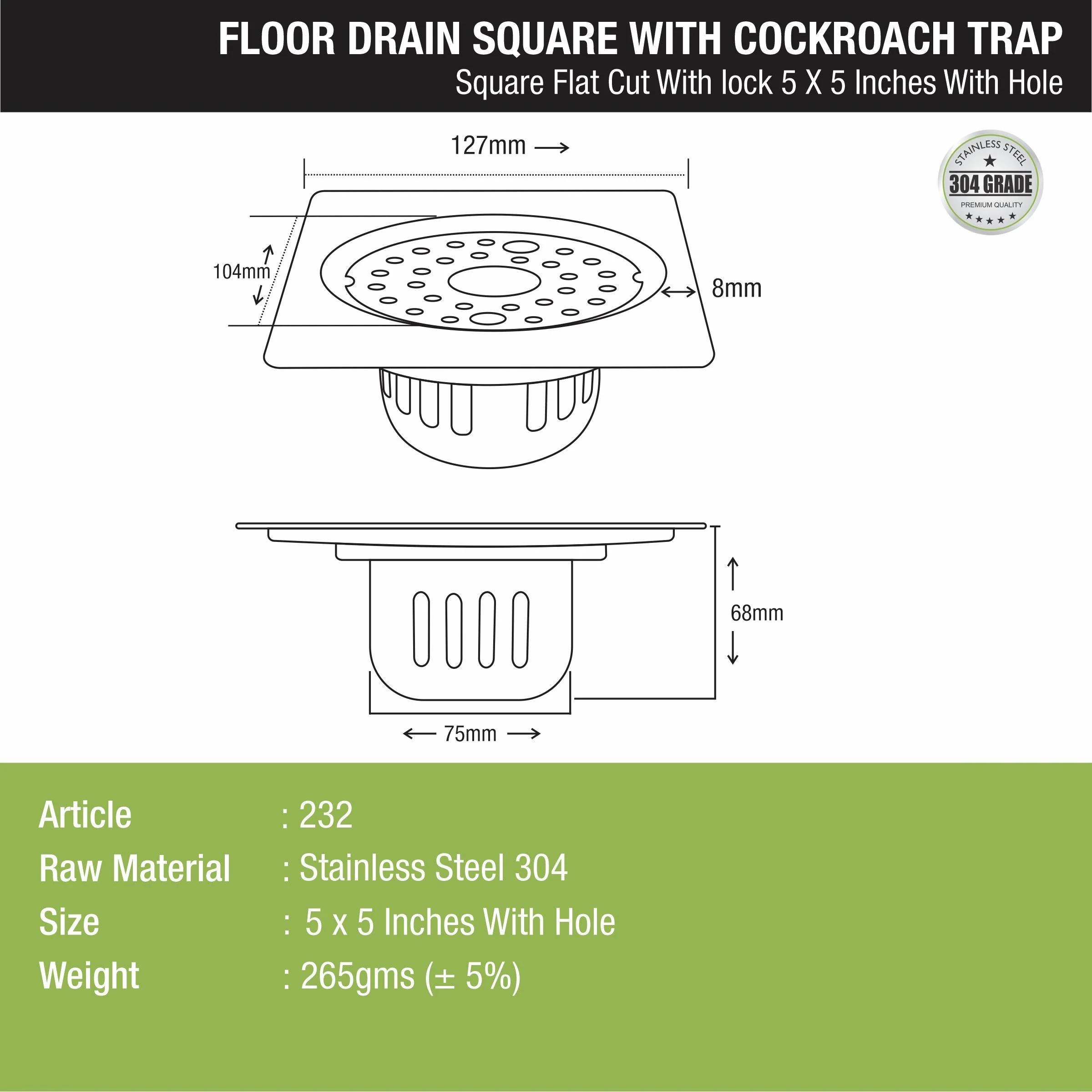 Square Flat Cut Floor Drain (5 x 5 Inches) with Lock, Hole and Cockroach Trap - LIPKA - Image 2