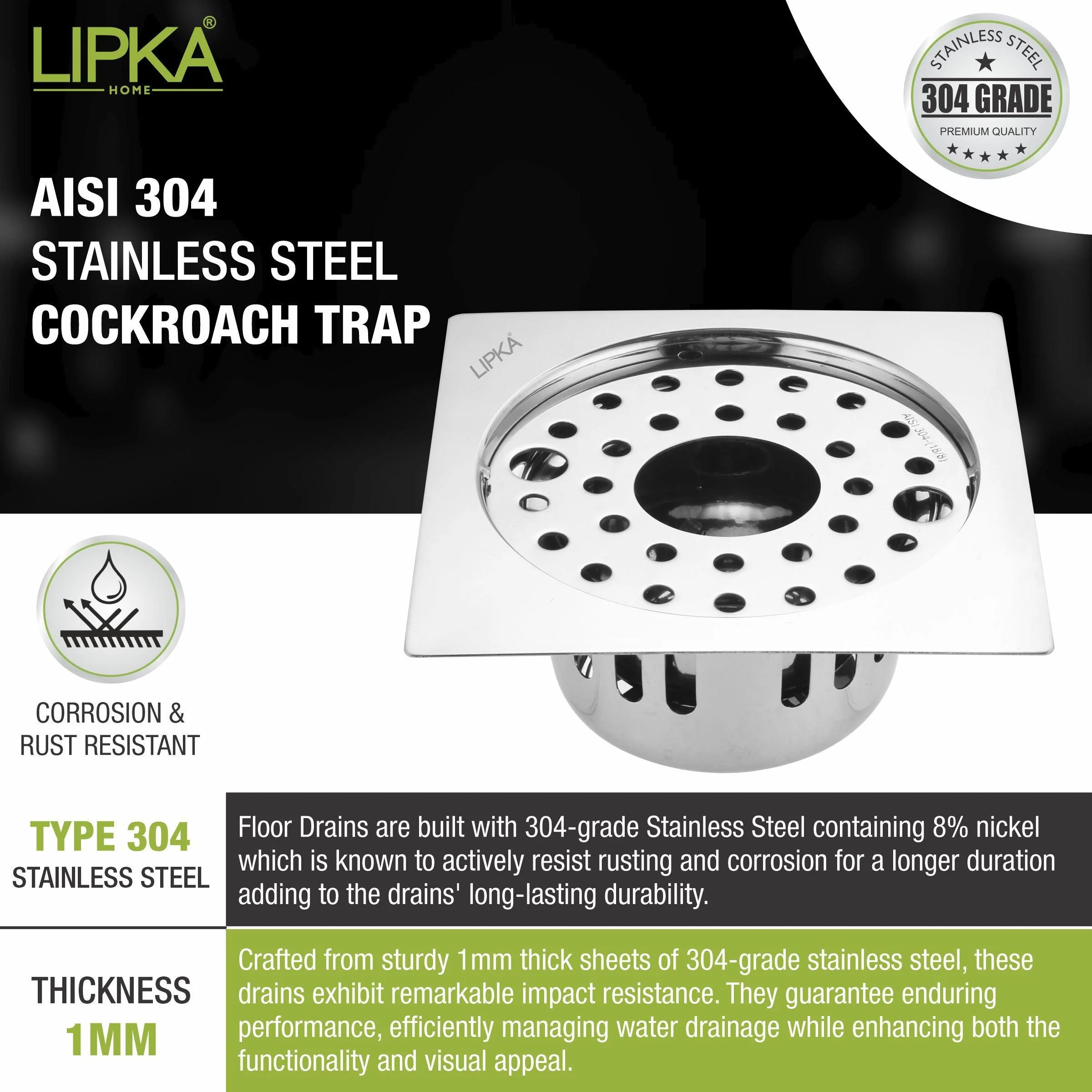 Square Flat Cut Floor Drain (5 x 5 Inches) with Lock, Hole and Cockroach Trap - LIPKA - Image 4
