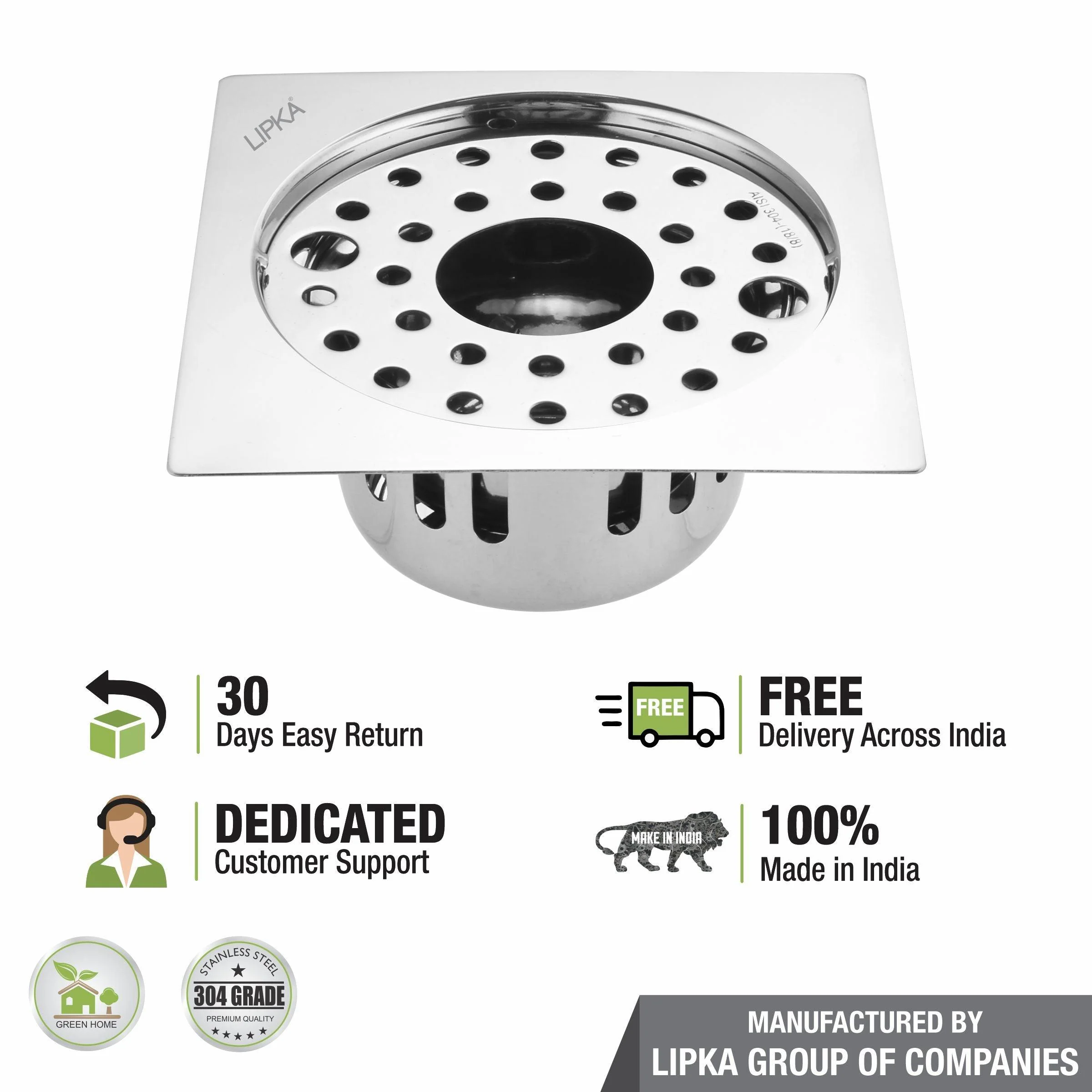 Square Flat Cut Floor Drain (5 x 5 Inches) with Lock, Hole and Cockroach Trap - LIPKA - Image 5