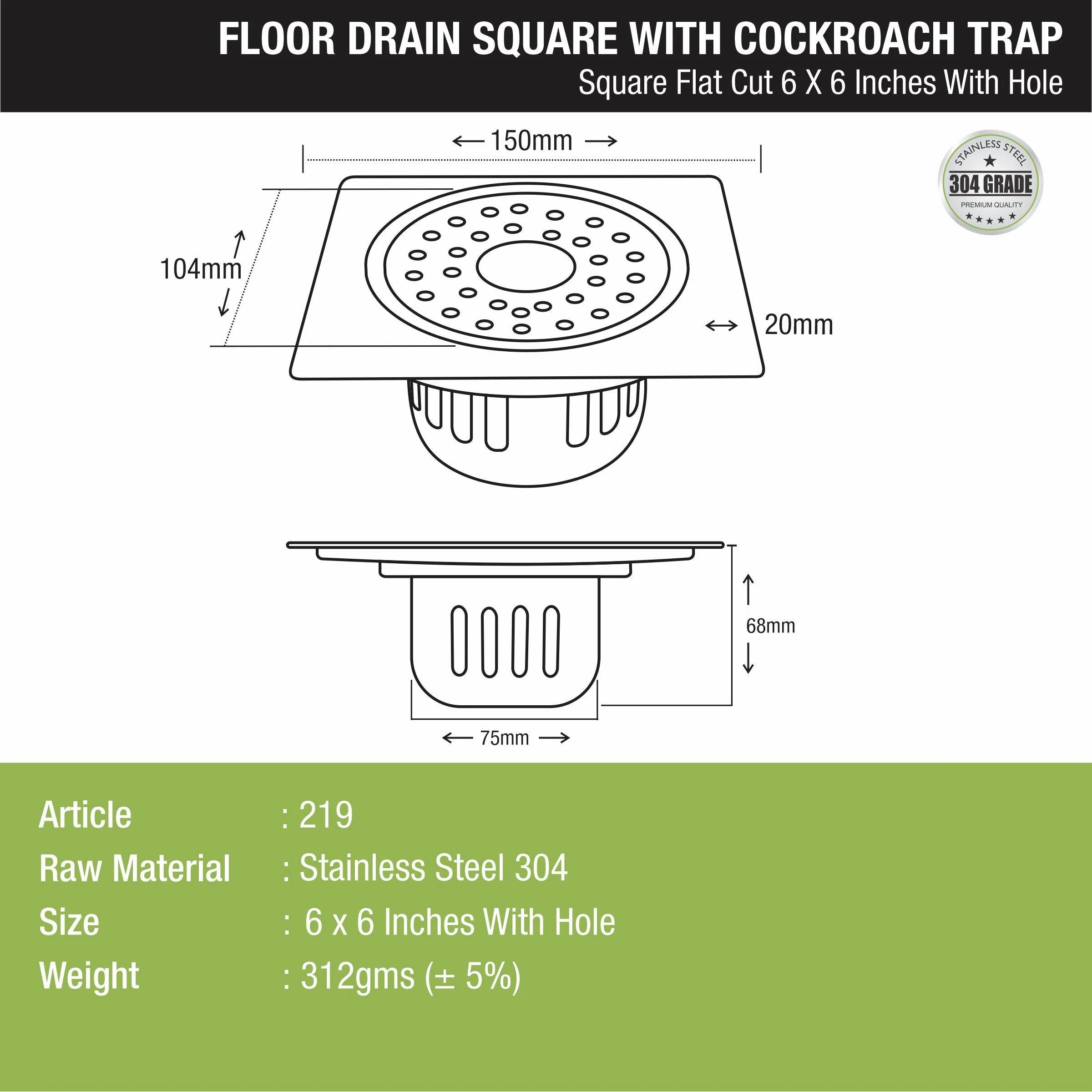 Square Flat Cut Floor Drain (6 x 6 Inches) with Hole and Cockroach Trap - LIPKA - Image 2