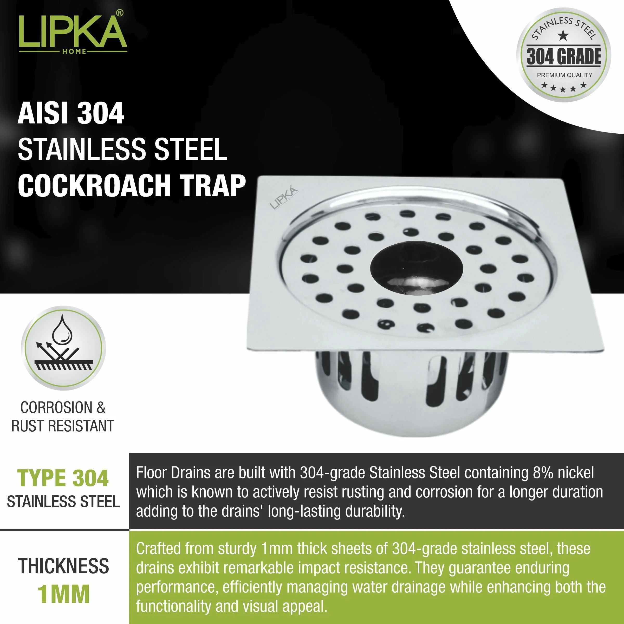 Square Flat Cut Floor Drain (6 x 6 Inches) with Hole and Cockroach Trap - LIPKA - Image 4