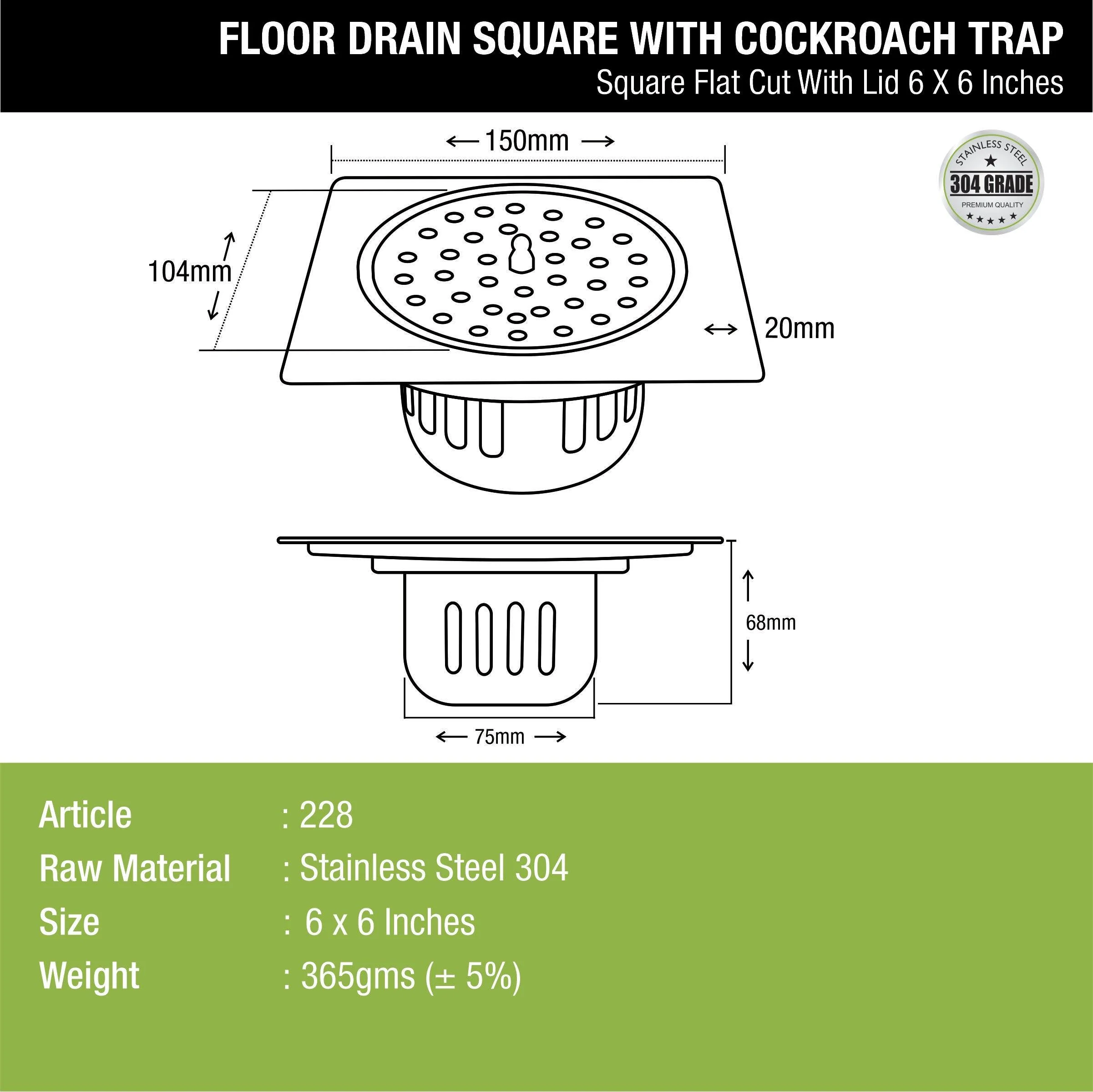 Square Flat Cut Floor Drain (6 x 6 Inches) with Lid and Cockroach Trap - LIPKA - Image 3