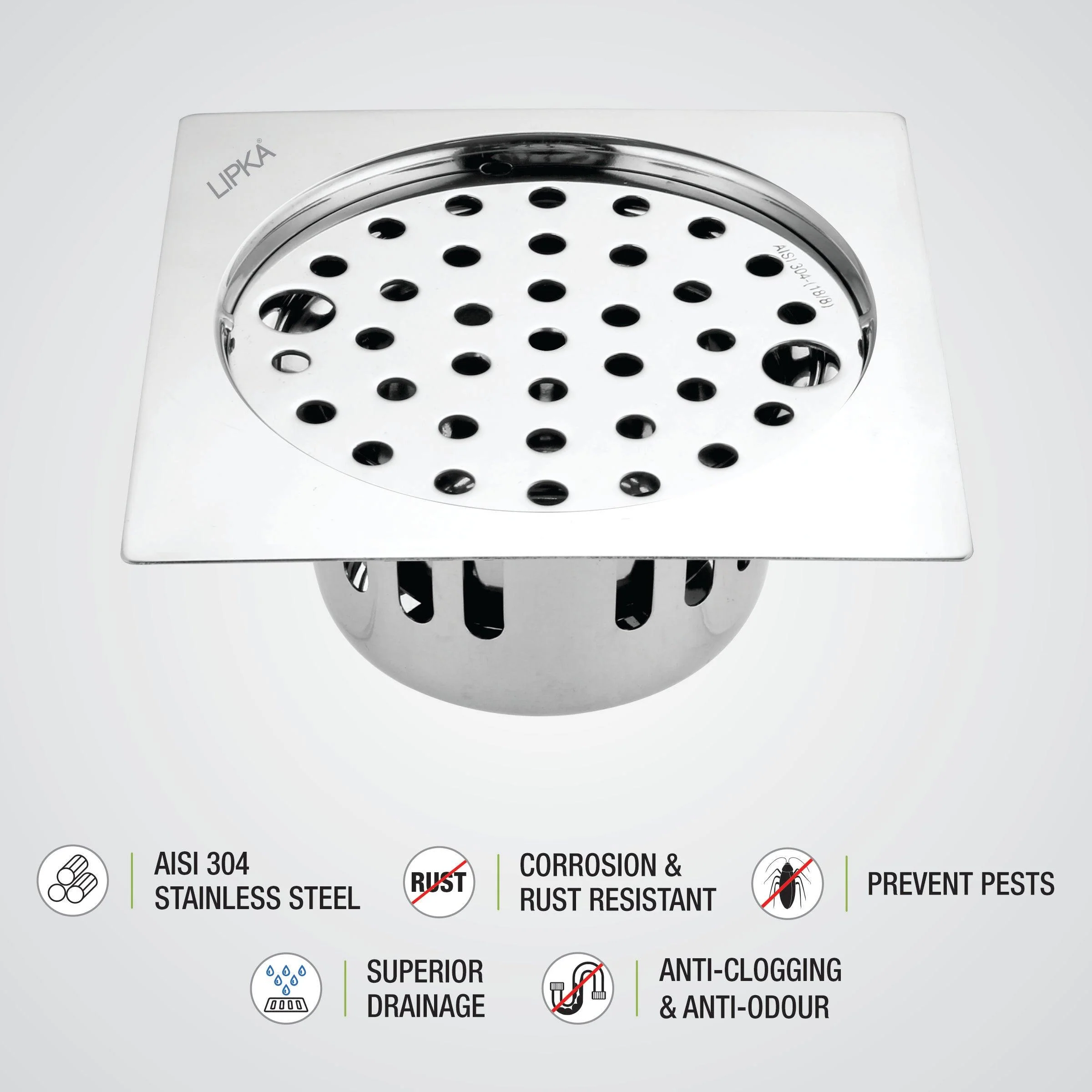 Square Flat Cut Floor Drain (6 x 6 Inches) with Lock and Cockroach Trap - LIPKA - Image 3