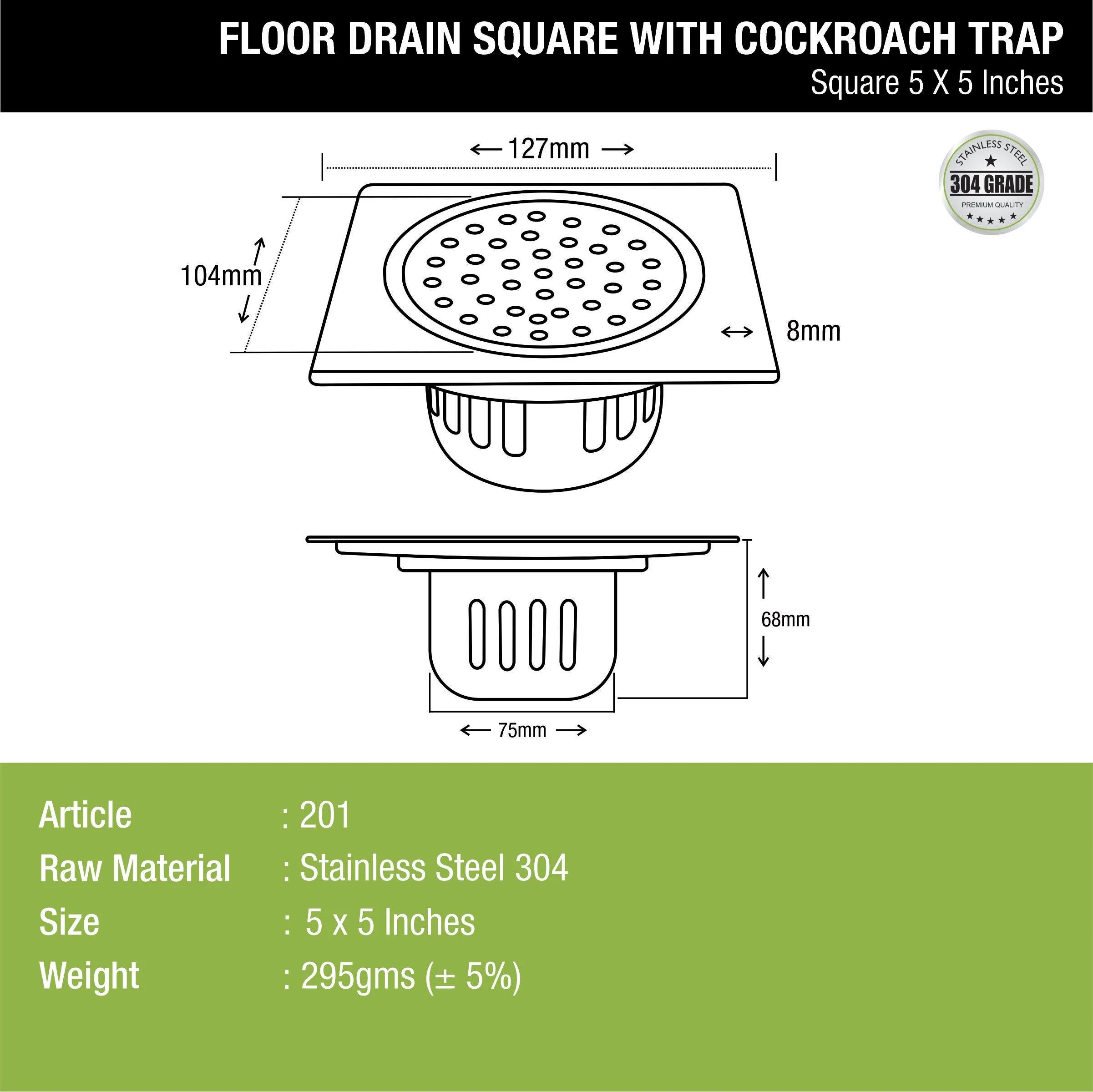 Square Floor Drain (5 x 5 Inches) with Cockroach Trap - LIPKA - Image 2