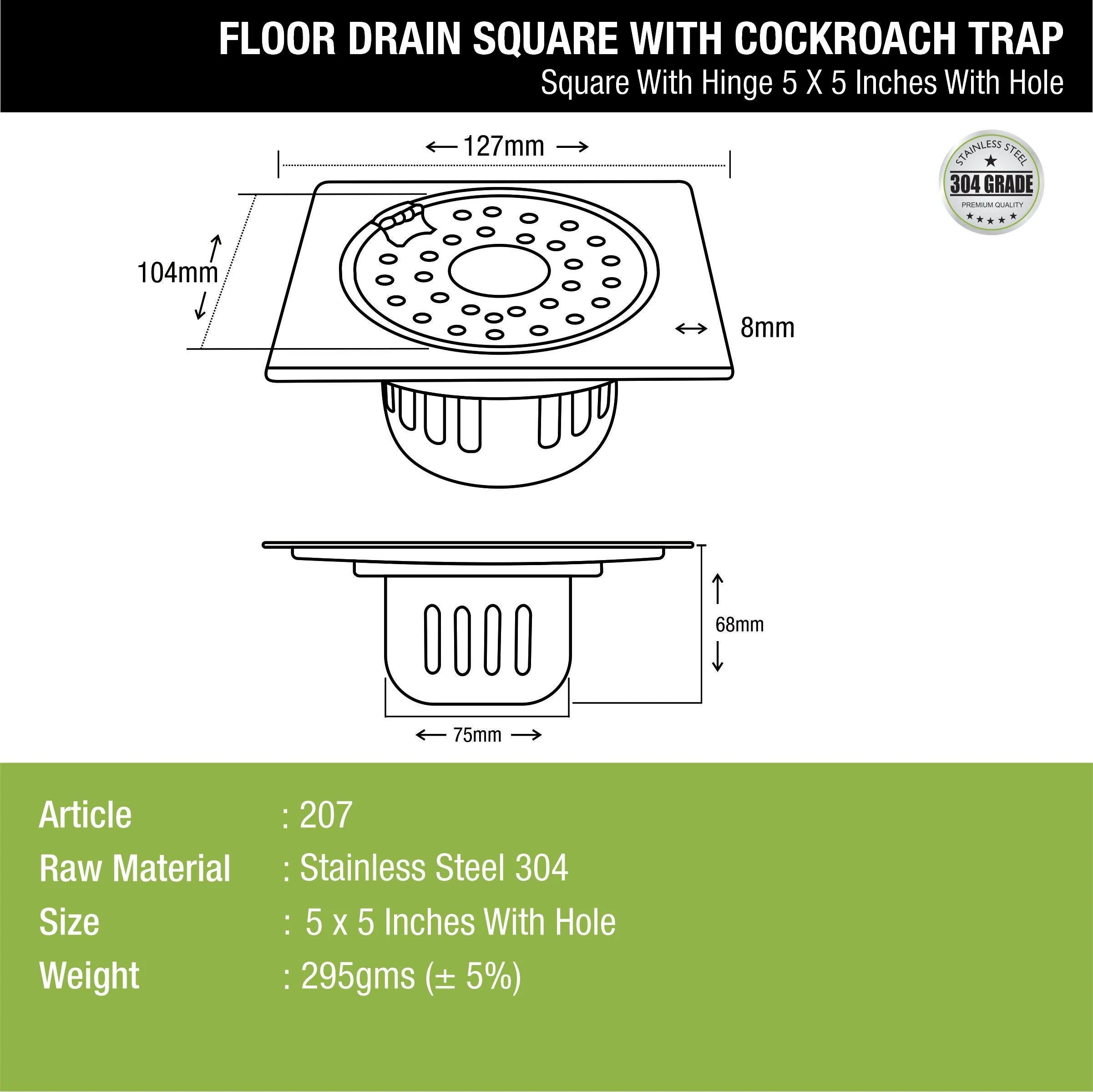 Square Floor Drain (5 x 5 Inches) with Hinge, Hole and Cockroach Trap - LIPKA - Image 2