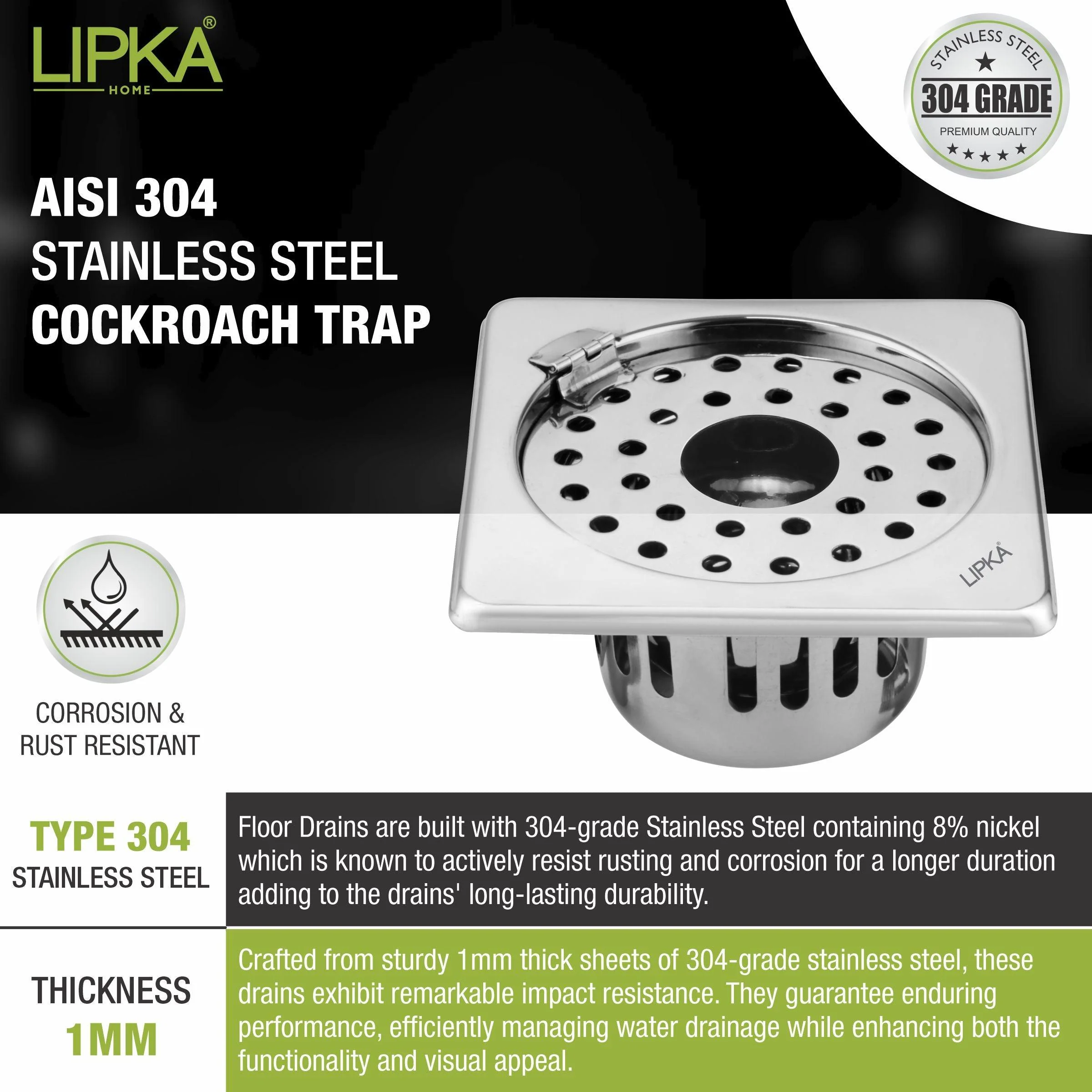 Square Floor Drain (5 x 5 Inches) with Hinge, Hole and Cockroach Trap - LIPKA - Image 4