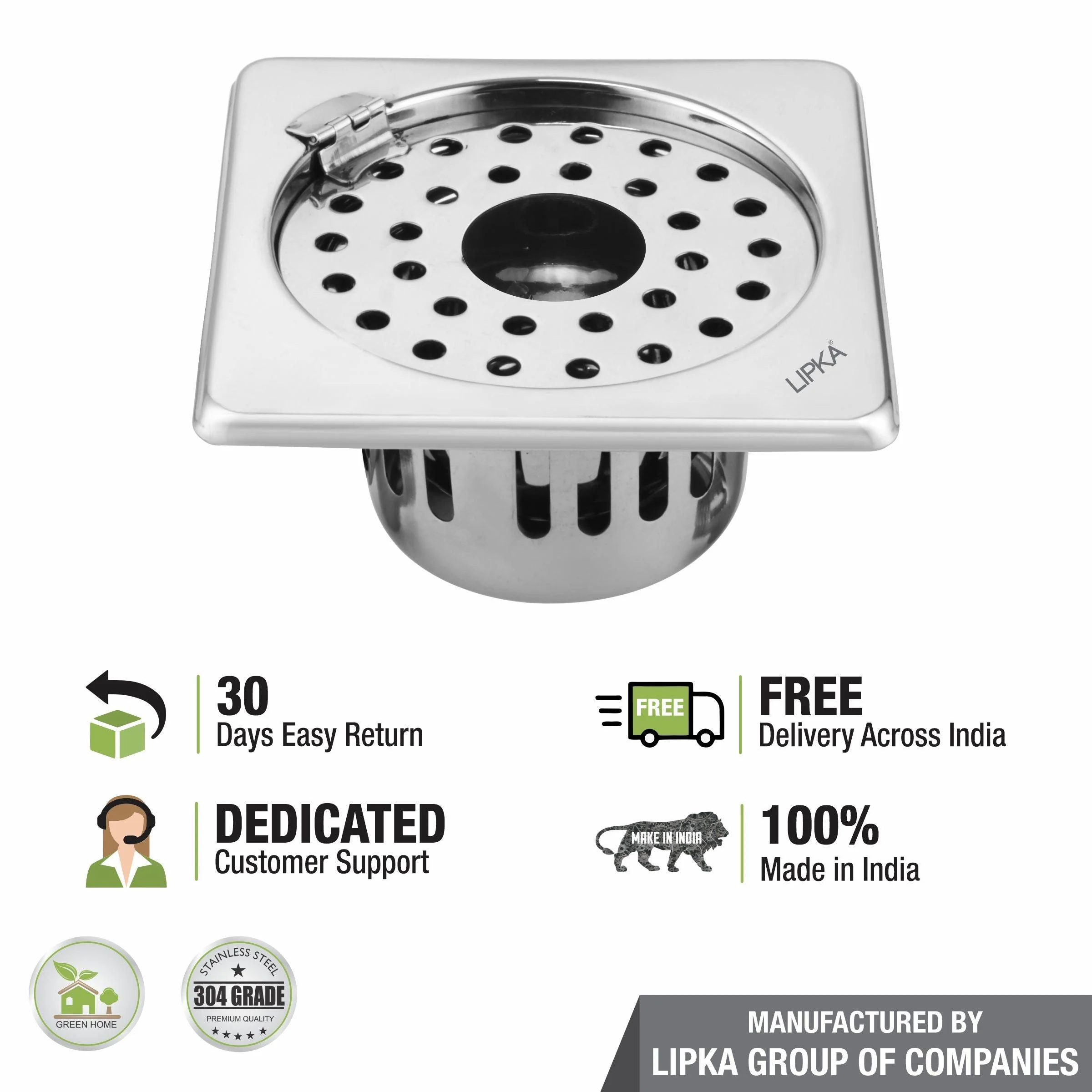 Square Floor Drain (5 x 5 Inches) with Hinge, Hole and Cockroach Trap - LIPKA - Image 5