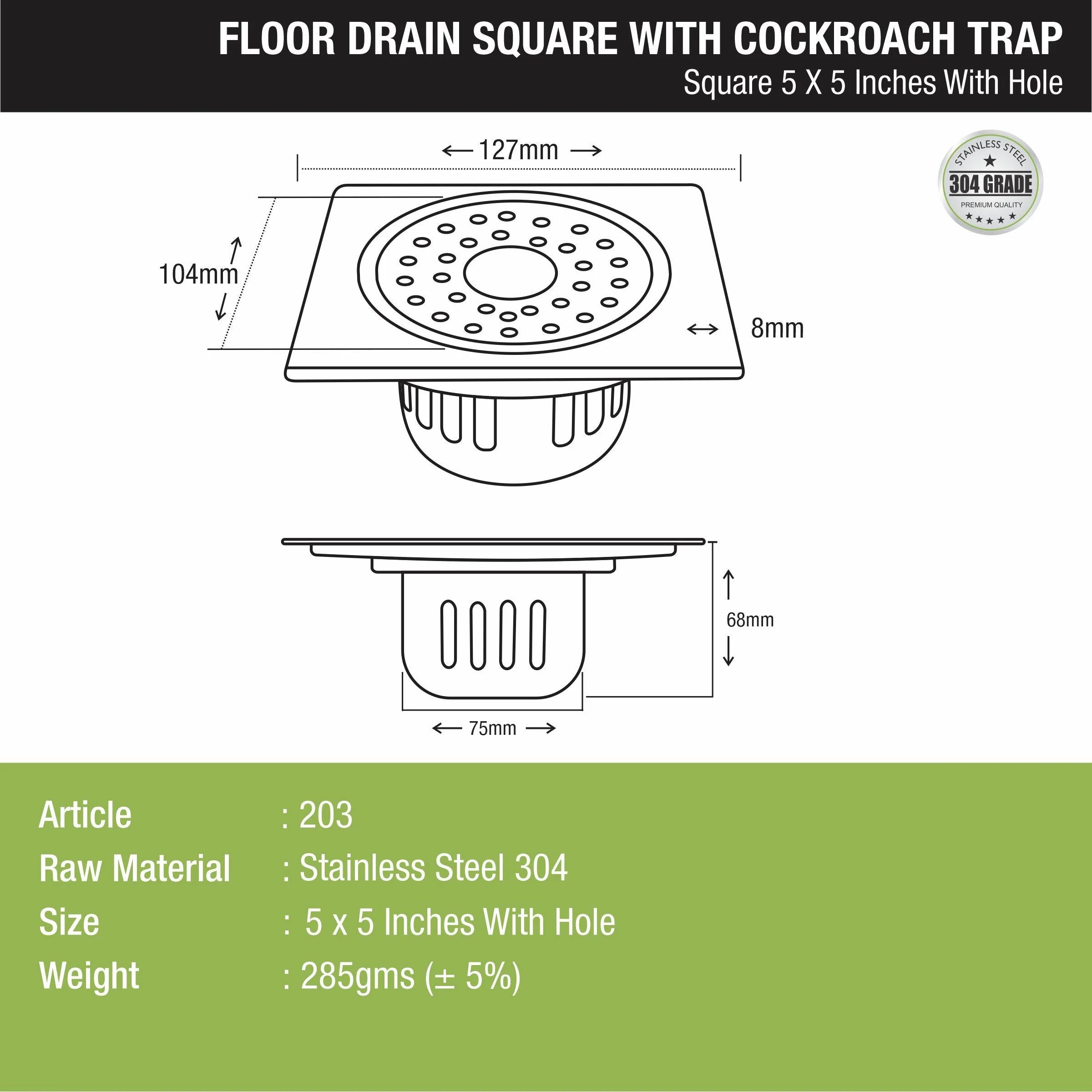 Square Floor Drain (5 x 5 Inches) with Hole and Cockroach Trap - LIPKA - Image 2