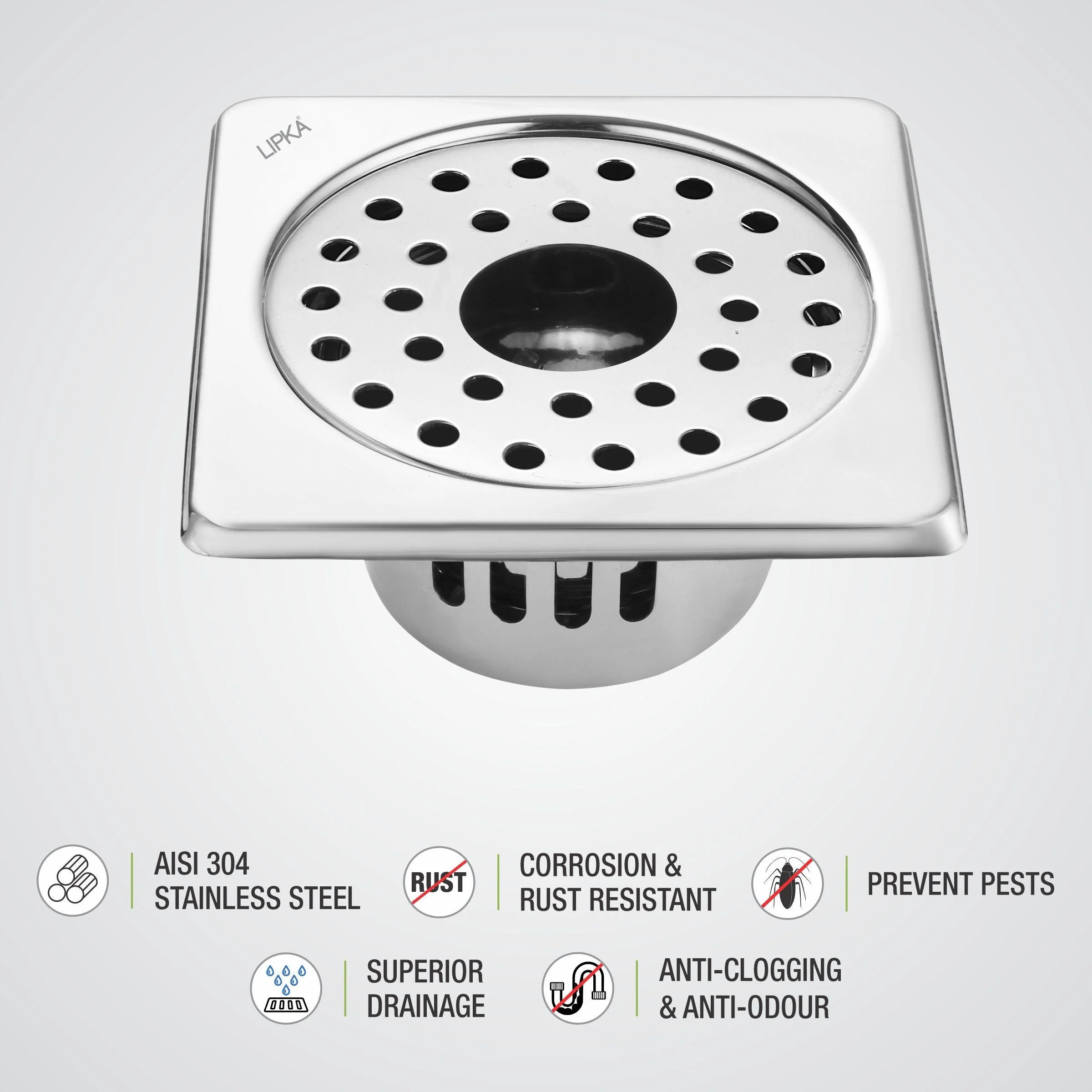 Square Floor Drain (5 x 5 Inches) with Hole and Cockroach Trap - LIPKA - Image 3