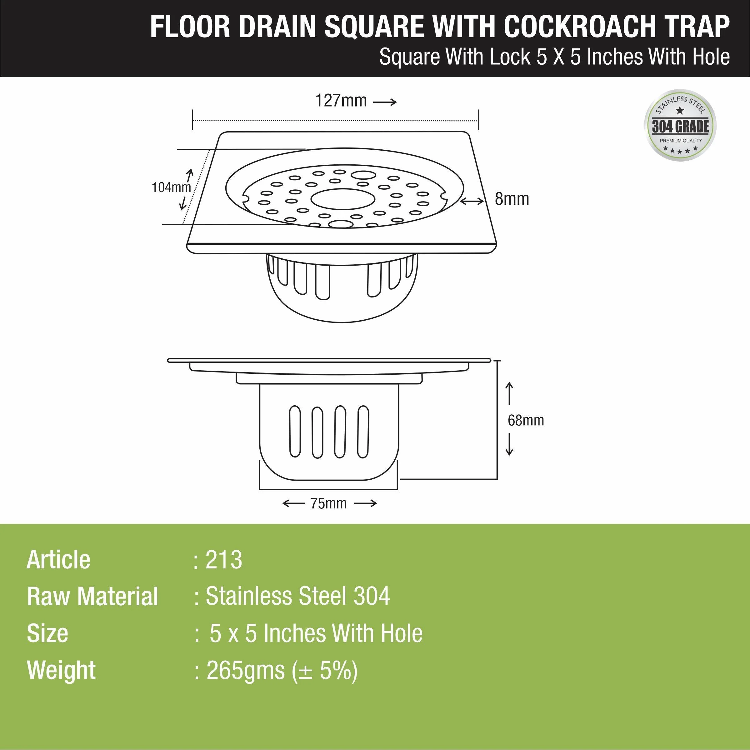Square Floor Drain (5 x 5 Inches) with Lock, Hole and Cockroach Trap - LIPKA - Image 2