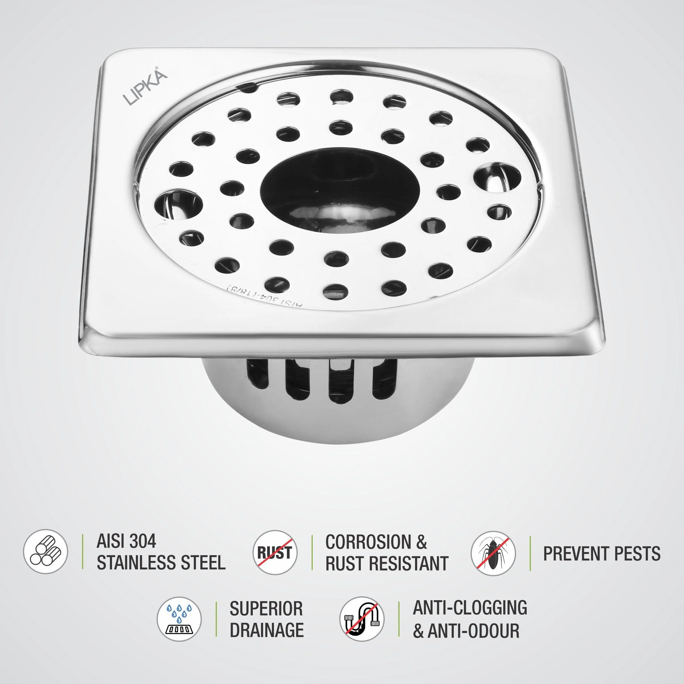 Square Floor Drain (5 x 5 Inches) with Lock, Hole and Cockroach Trap - LIPKA - Image 3