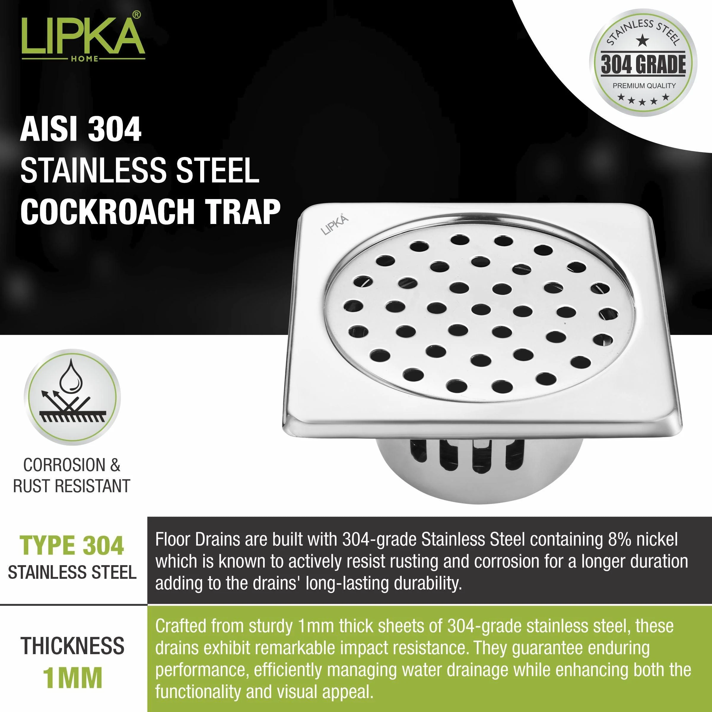 Square Floor Drain (6 x 6 Inches) with Cockroach Trap - LIPKA - Image 4