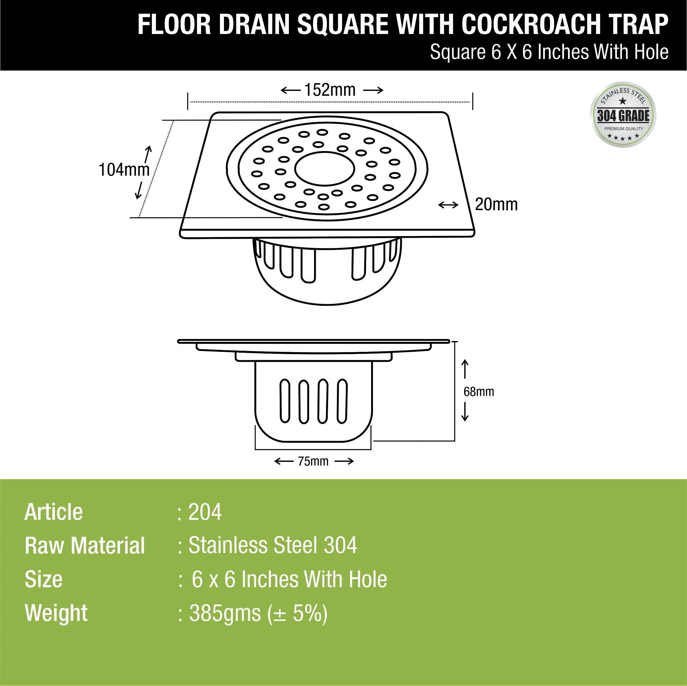 Square Floor Drain (6 x 6 Inches) with Hole and Cockroach Trap - LIPKA - Image 2