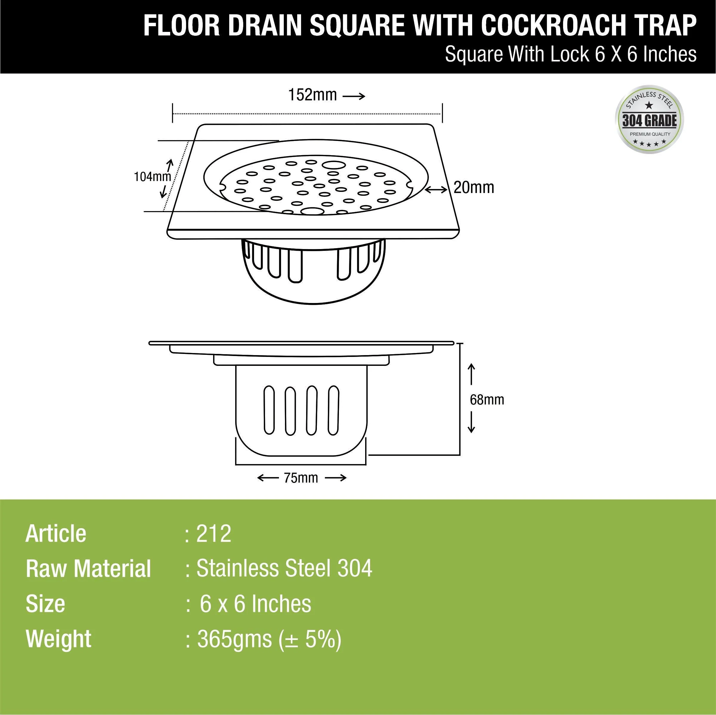 Square Floor Drain (6 x 6 Inches) with Lock and Cockroach Trap - LIPKA - Image 2
