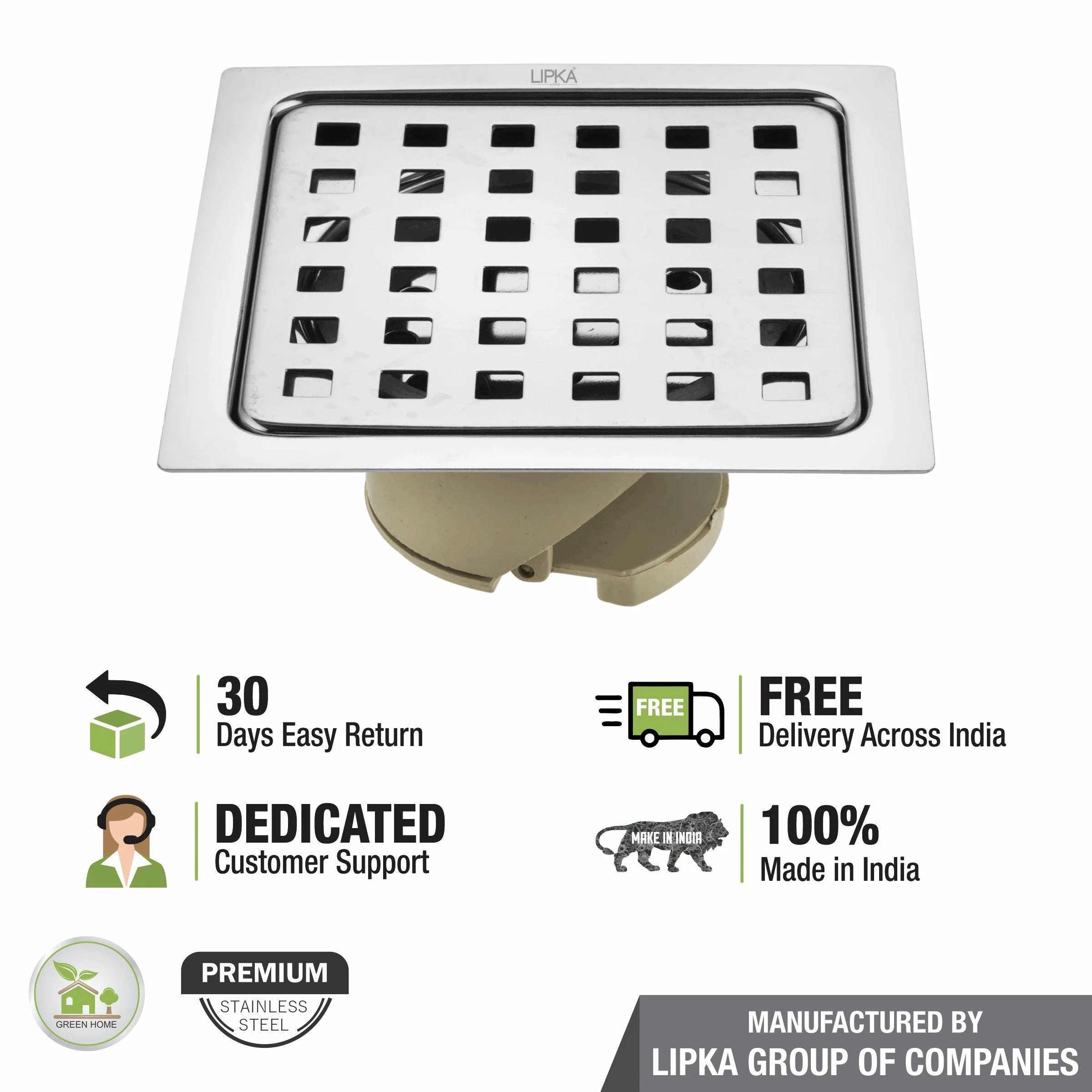 Square Jal Floor Drain (5 x 5 Inches) with Wide PVC Cockroach Trap - LIPKA - Image 5