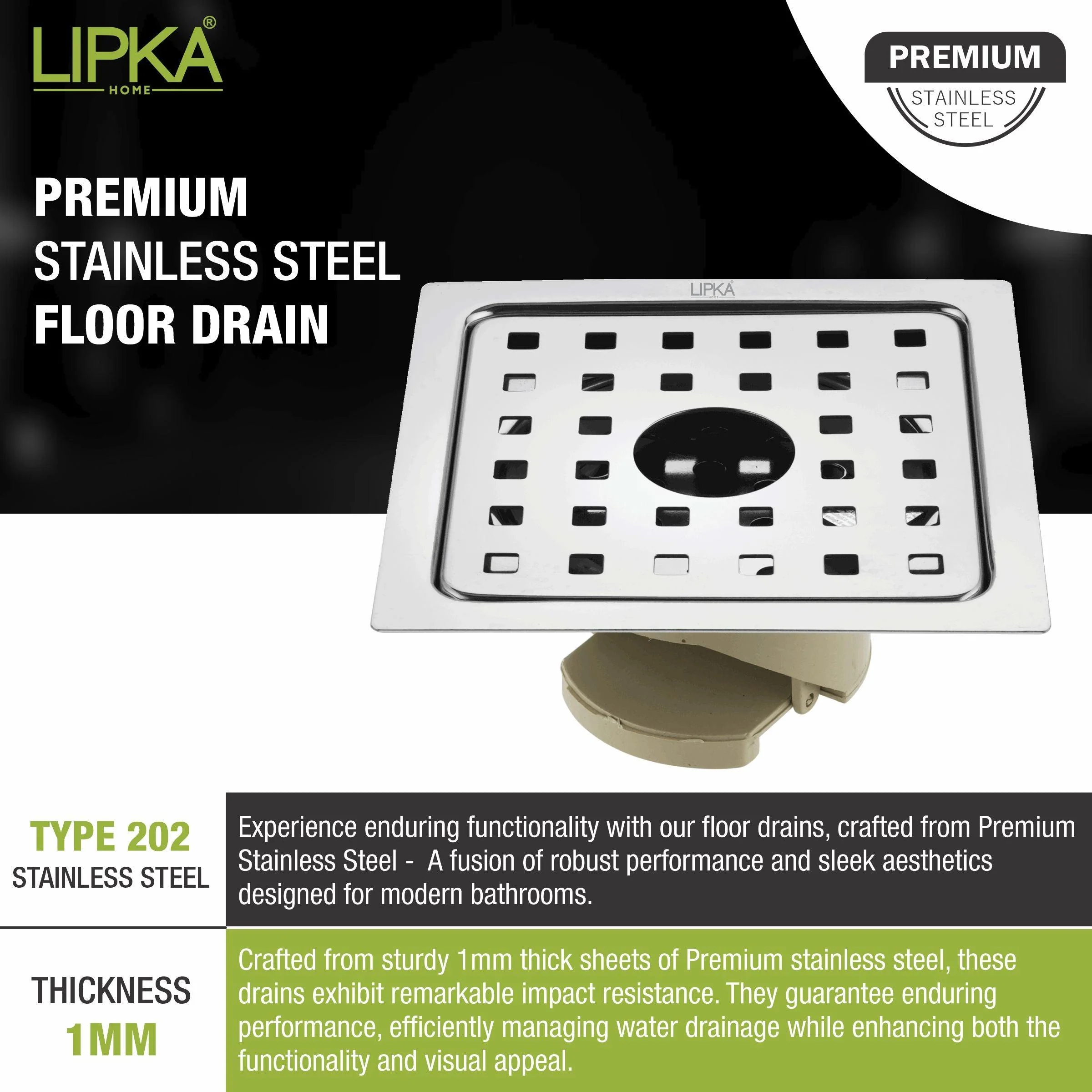 Square Jal Floor Drain (6 x 6 Inches) with Hole and Wide PVC Cockroach Trap - LIPKA - Image 3