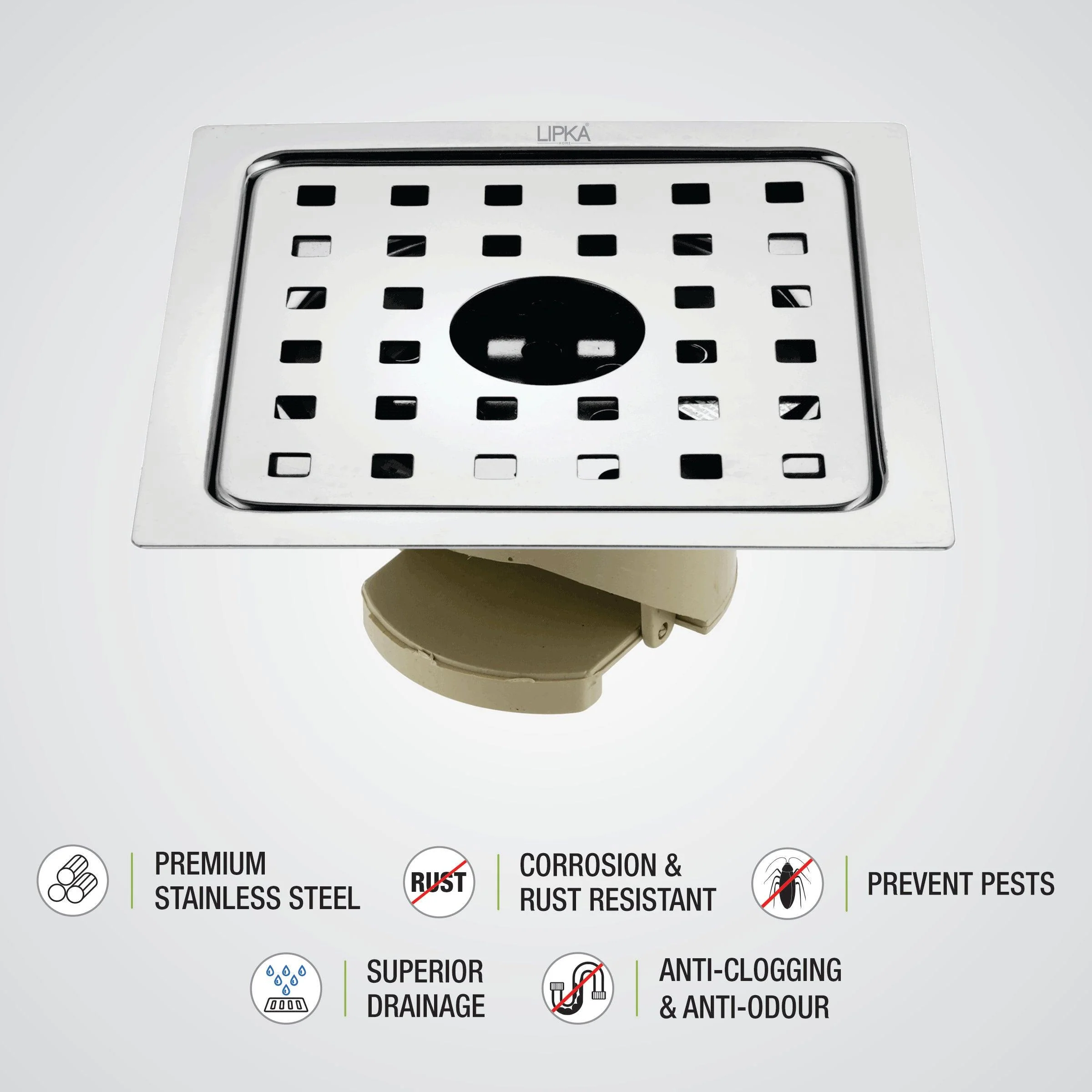Square Jal Floor Drain (6 x 6 Inches) with Hole and Wide PVC Cockroach Trap - LIPKA - Image 4