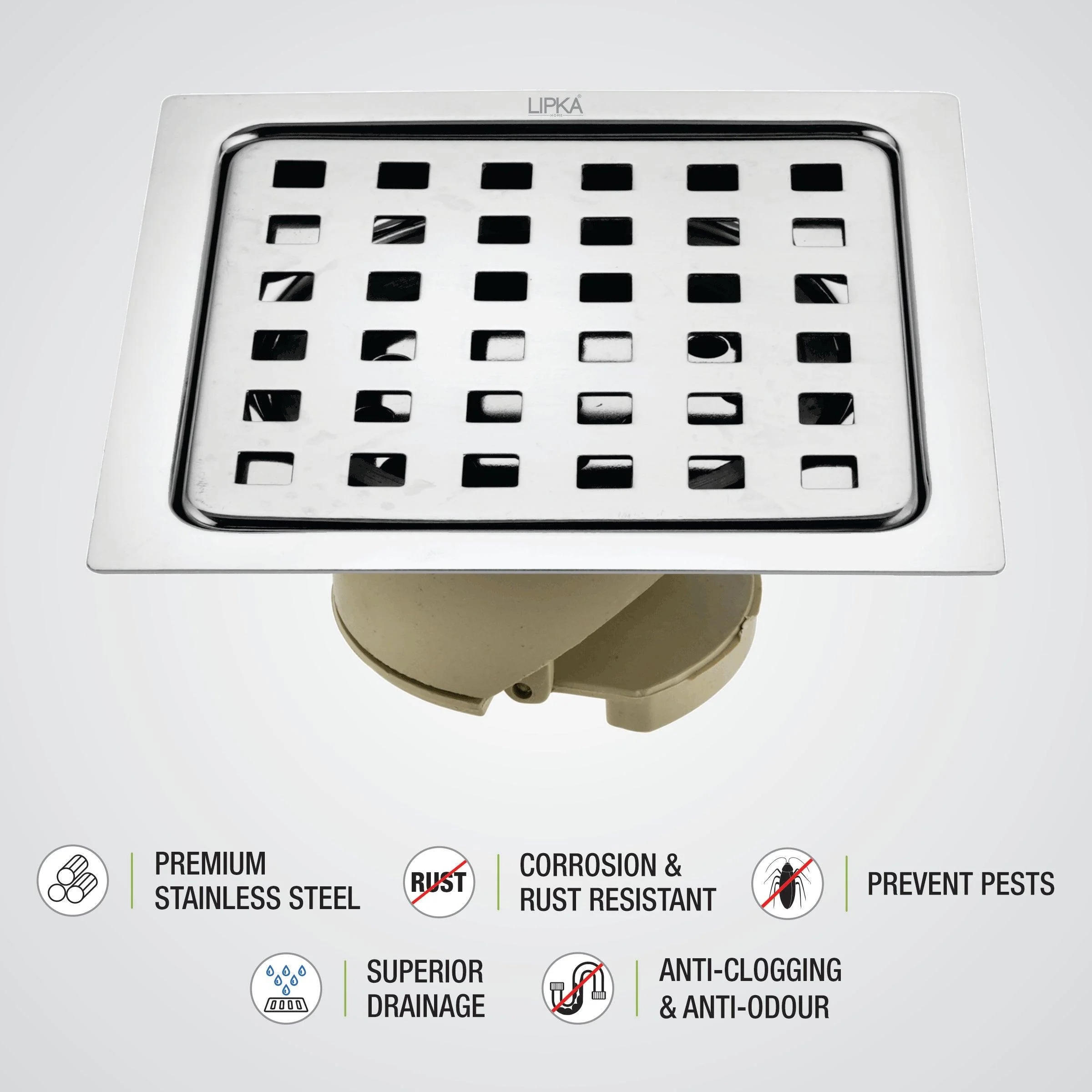 Square Jal Floor Drain (6 x 6 Inches) with Wide PVC Cockroach Trap - LIPKA - Image 3