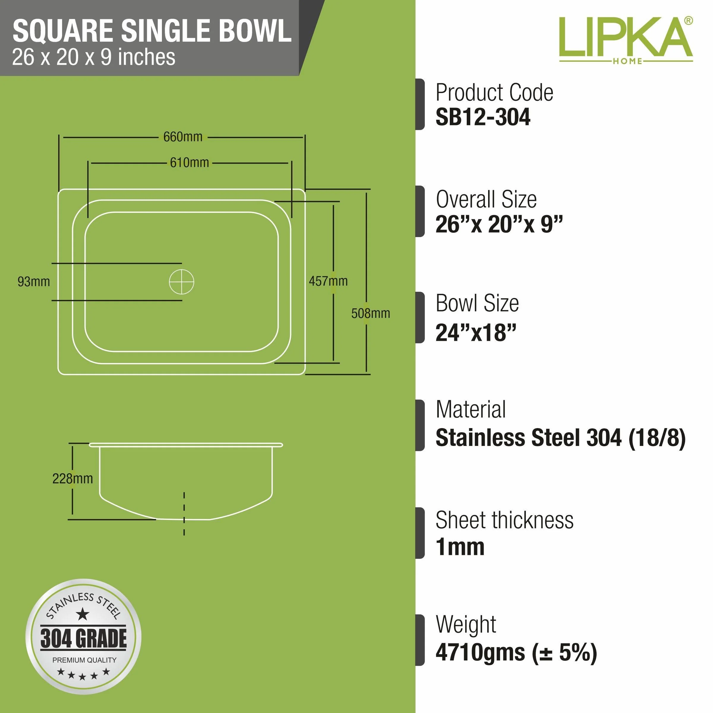 Square Single Bowl 304-Grade Kitchen Sink (26 x 20 x 9 Inches) - LIPKA - Image 3
