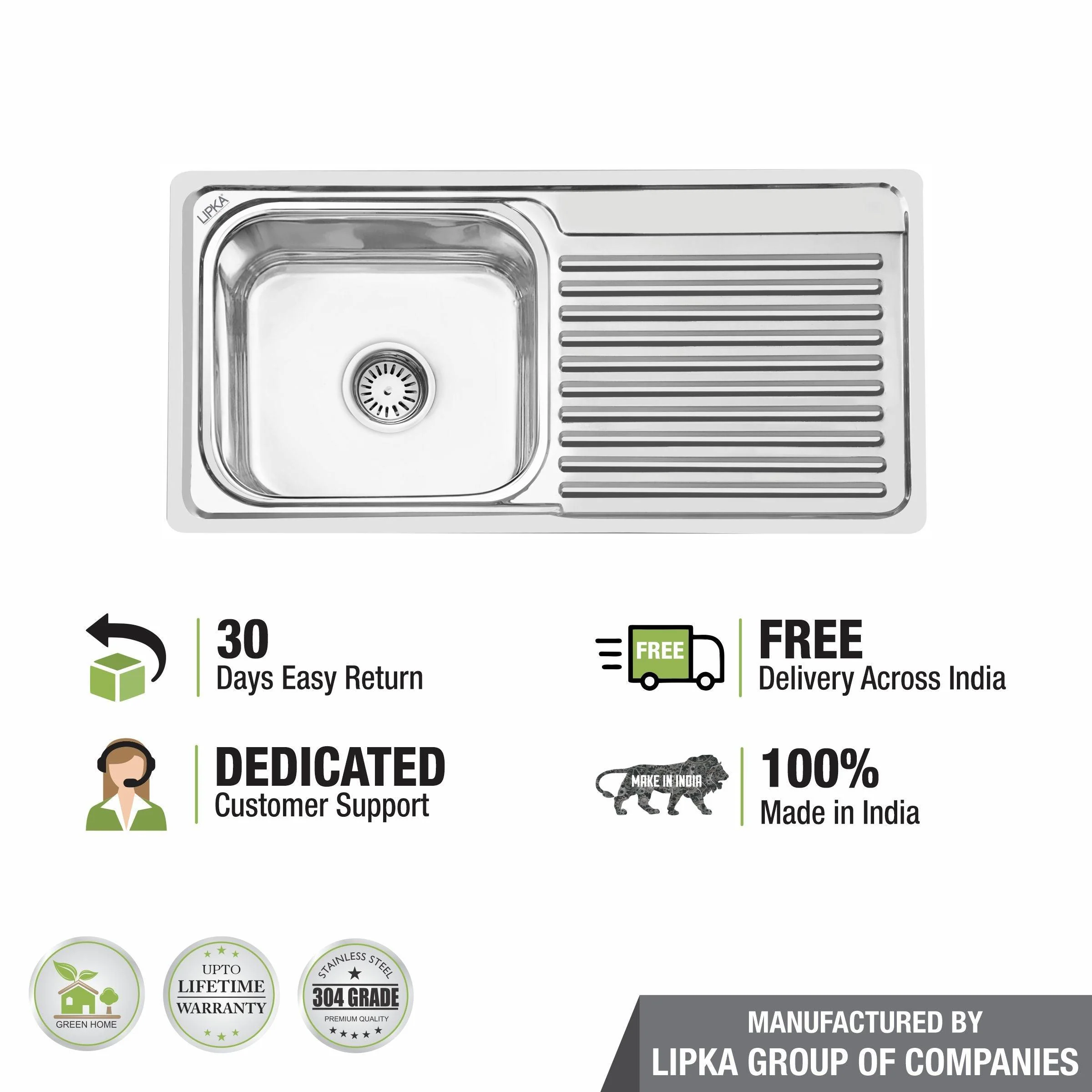Square Single Bowl 304-Grade Kitchen Sink with Drainboard (37 x 18 x 8 Inches) - LIPKA - Image 6