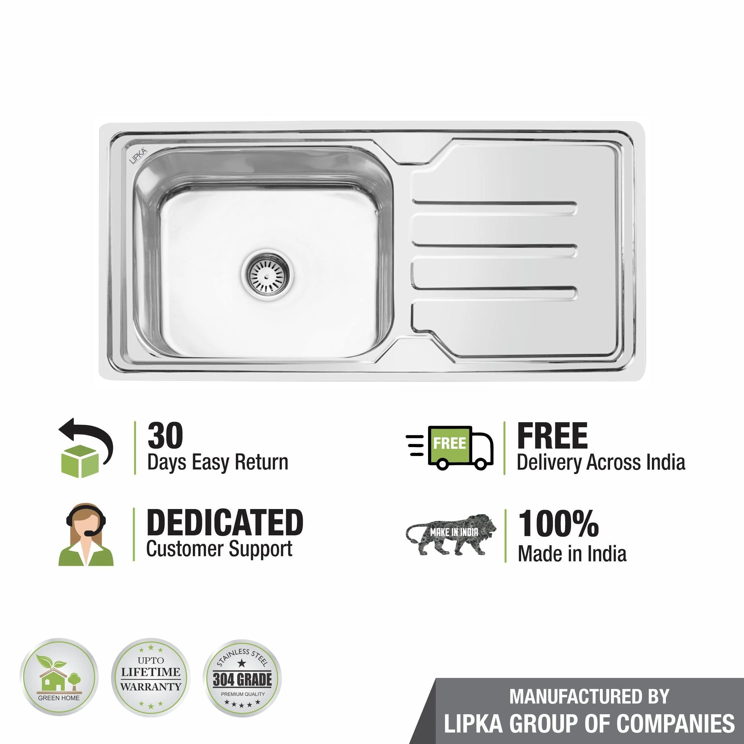 Square Single Bowl 304-Grade Kitchen Sink with Drainboard (42 x 20 x 9 Inches) - LIPKA - Image 6