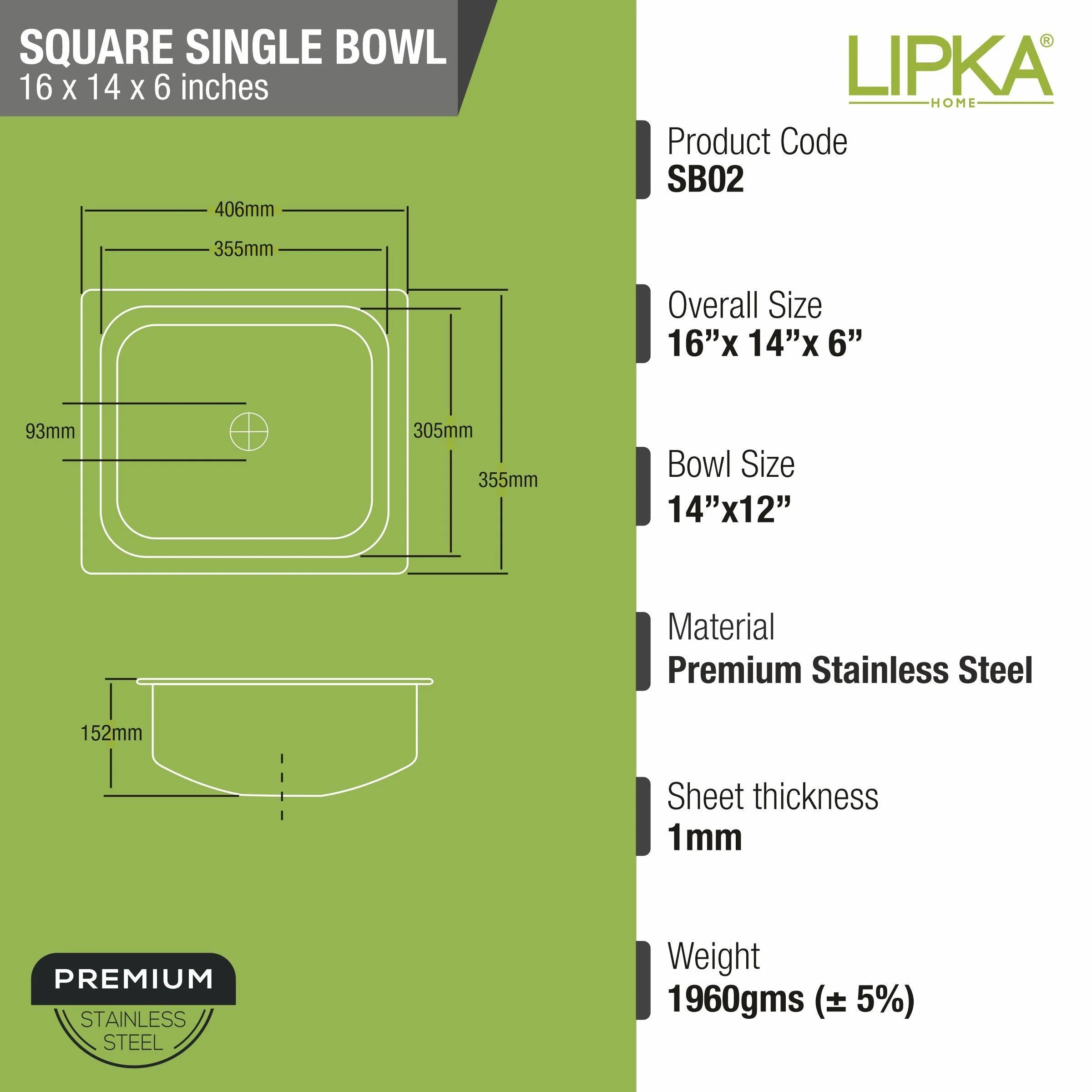 Square Single Bowl Kitchen Sink (16 x 14 x 6 Inches) - LIPKA - Image 3