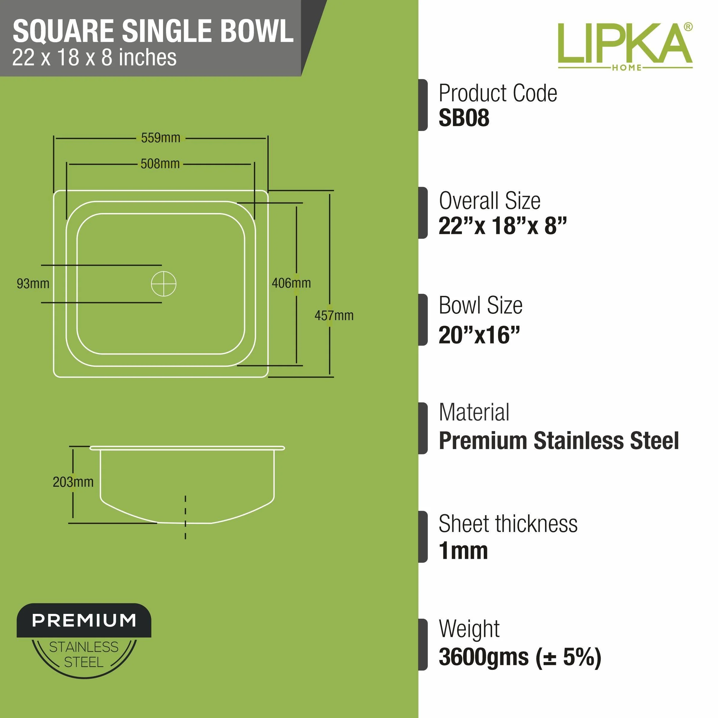 Square Single Bowl Kitchen Sink (22 x 18 x 8 Inches) - LIPKA - Image 3