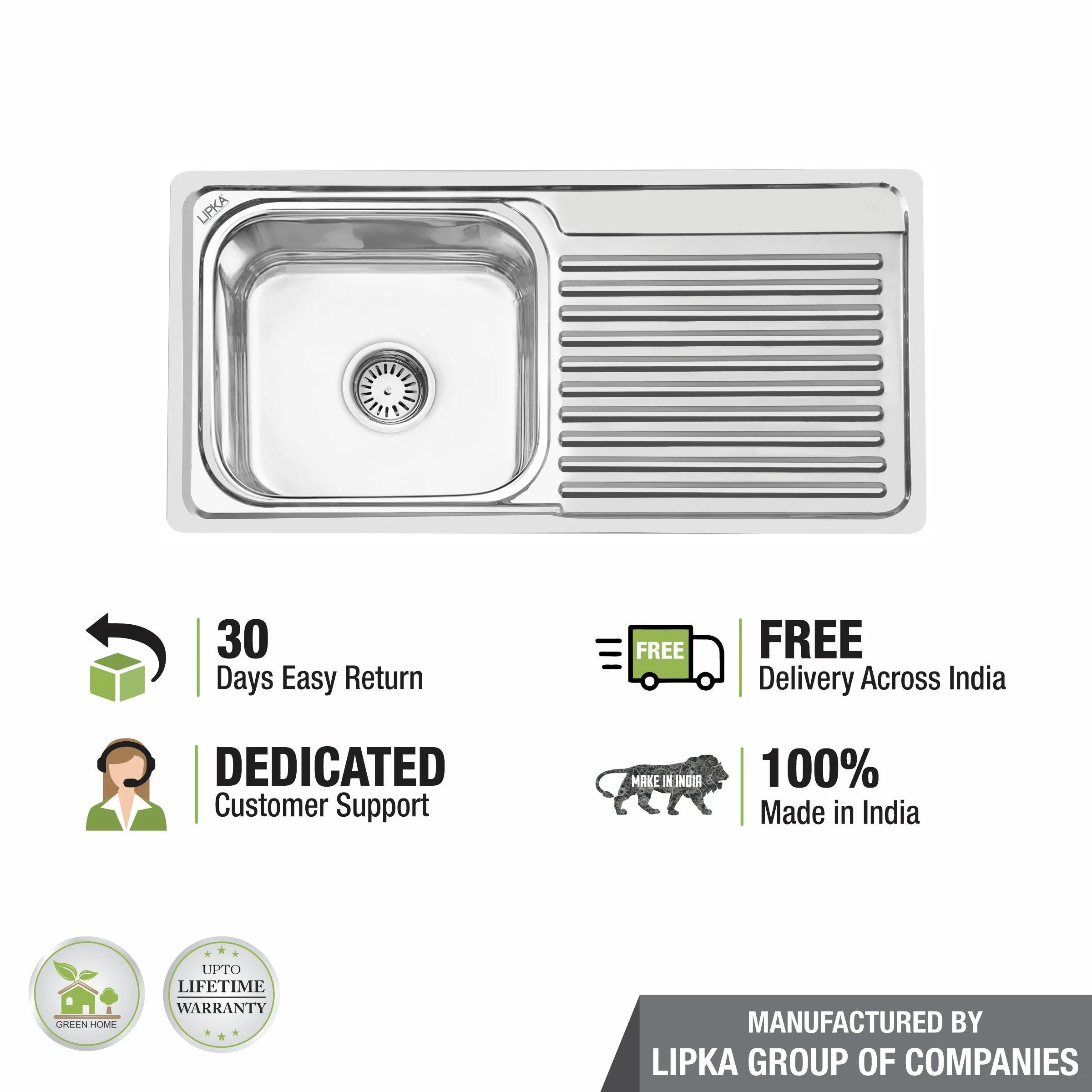 Square Single Bowl Kitchen Sink with Drainboard (37 x 18 x 8 Inches) - LIPKA - Image 6