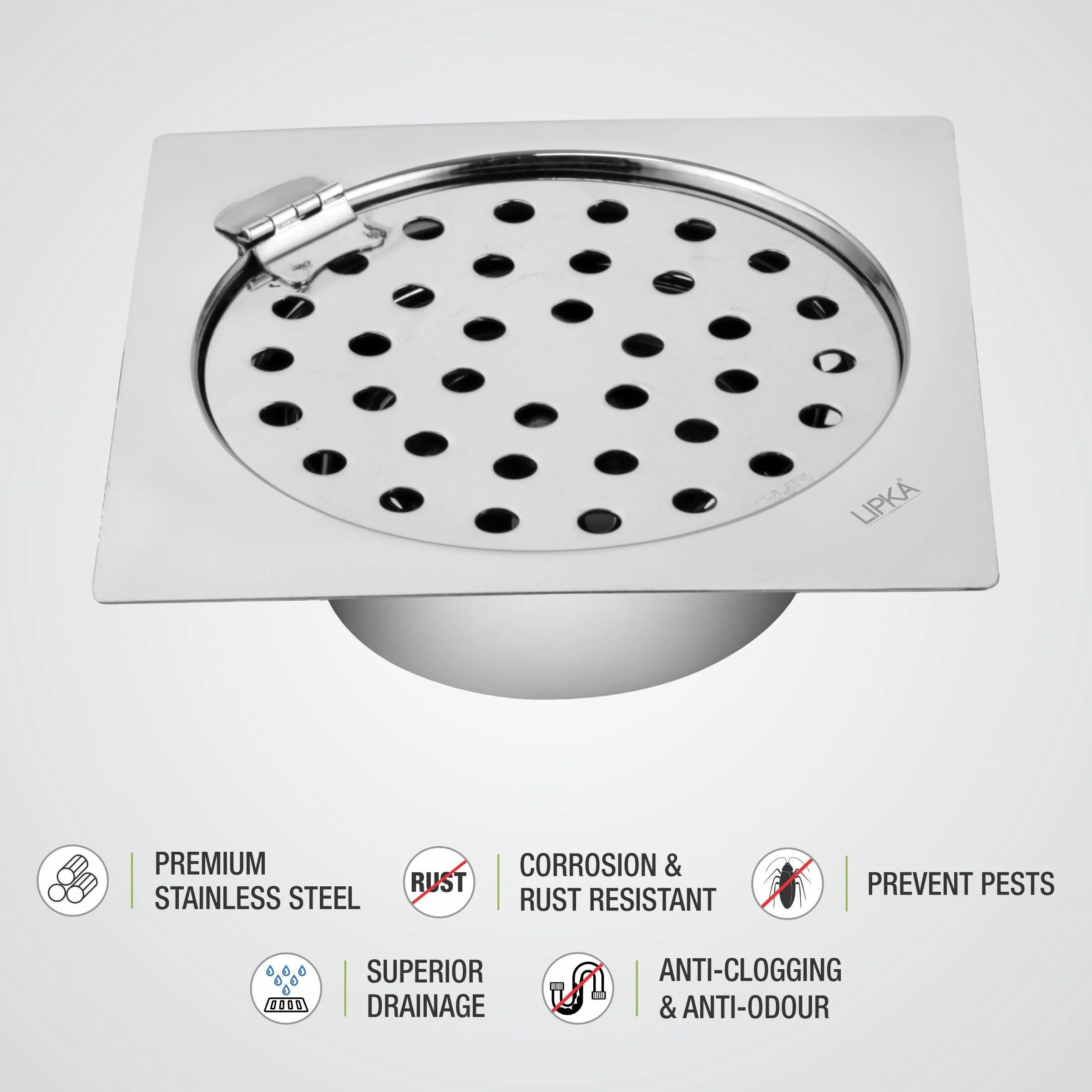 Super Sleek Square Flat Cut Floor Drain (5 x 5 Inches) with Hinge and Cockroach Trap - LIPKA - Image 3