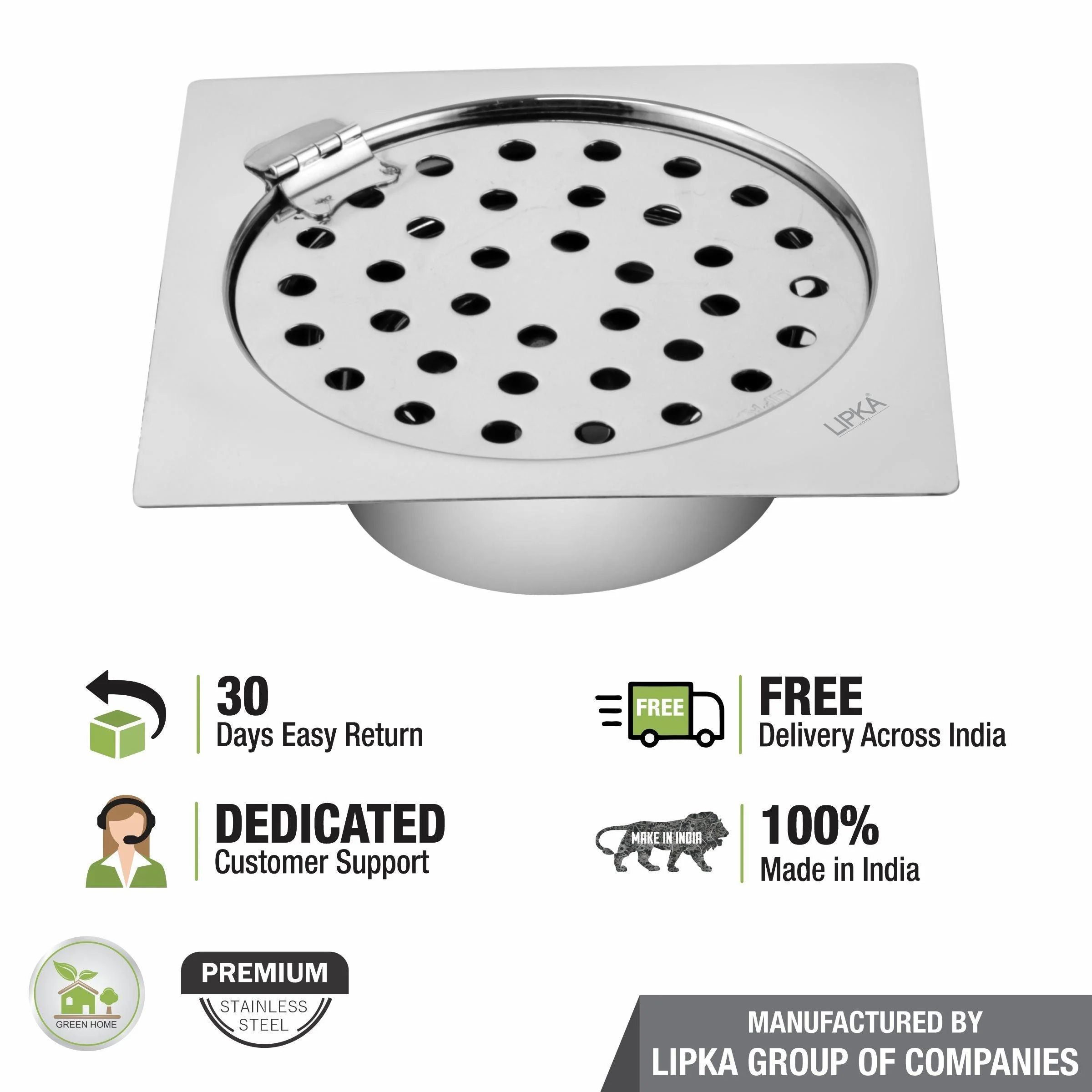 Super Sleek Square Flat Cut Floor Drain (5 x 5 Inches) with Hinge and Cockroach Trap - LIPKA - Image 4