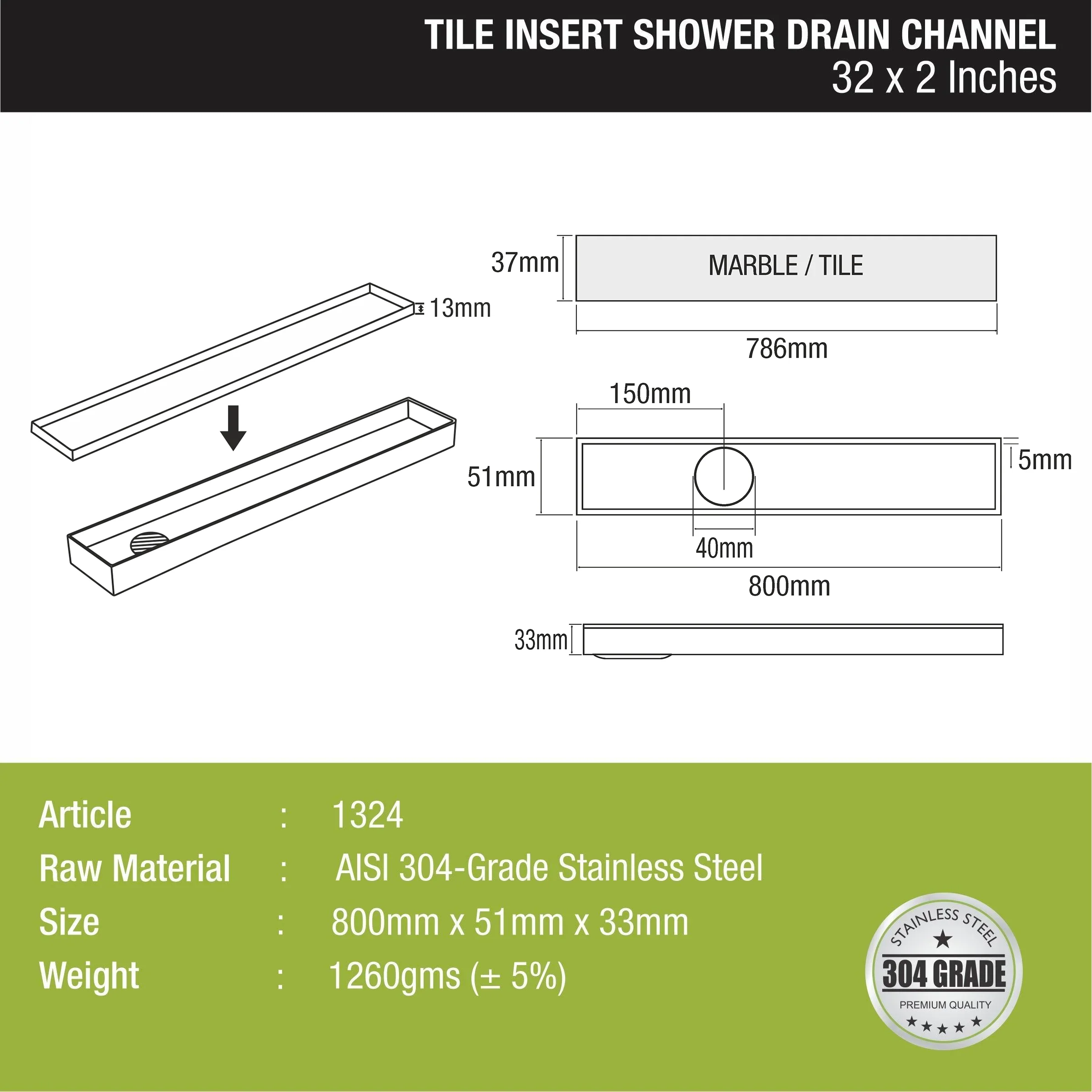 Tile Insert Shower Drain Channel (32 x 2 Inches) - LIPKA - Image 2